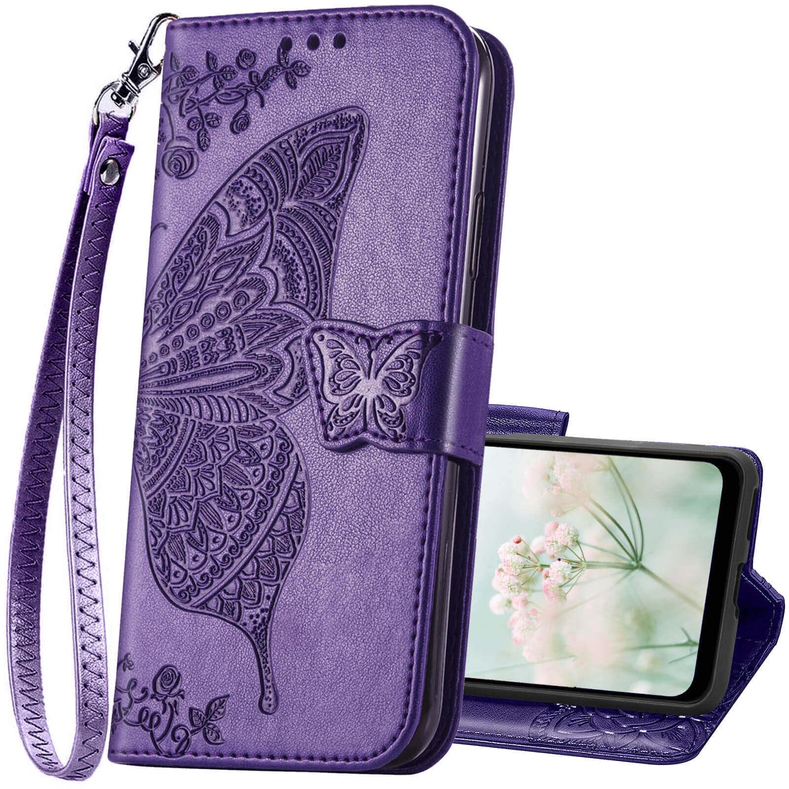 KRHGEIK Samsung Galaxy A03S Cellular Phone Case, Butterfly Embossed PU Leather Flip Folio Cover, Card Holder, Stand with Wrist Strap (Purple)