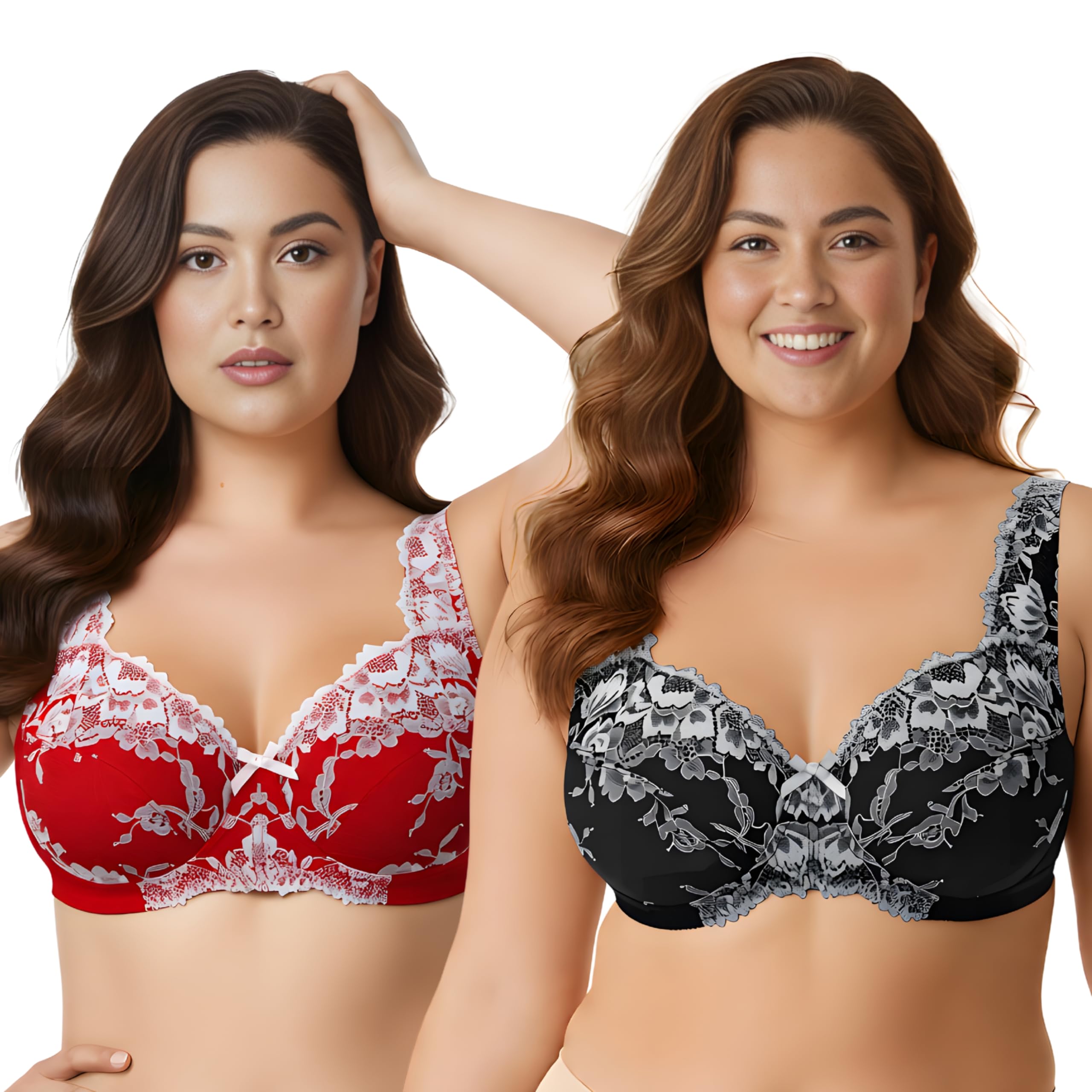 Curve Muse Women's Plus Size Minimizer Unlined Wireless Lace Full Coverage Bras