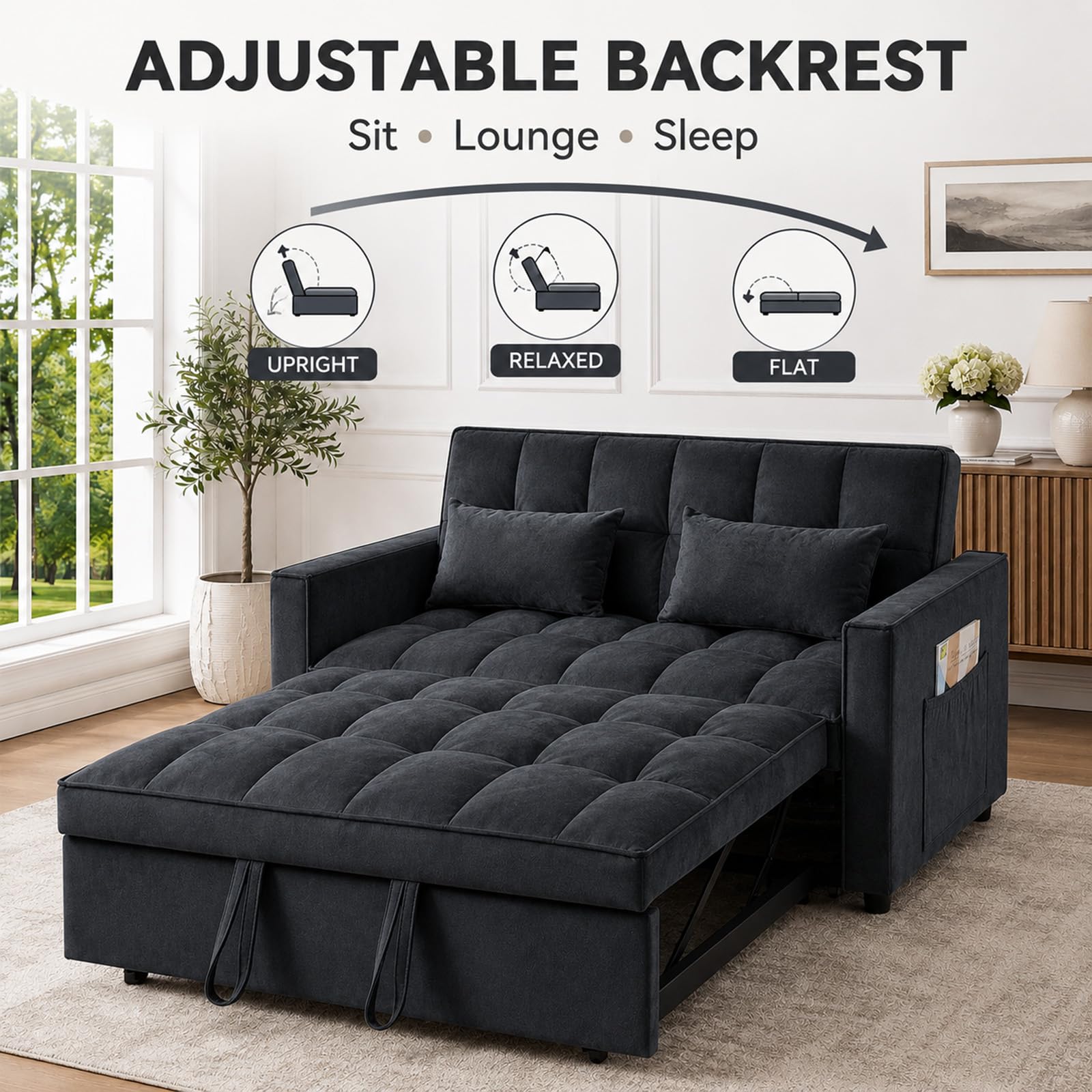 3 in 1 Pull Out Couch Bed, Convertible Futon Sofa Bed, Velvet Sleeper Loveseat for Small Living Room, Adjustable Backrest, Comfy Pillows, Side Pocket (Black)