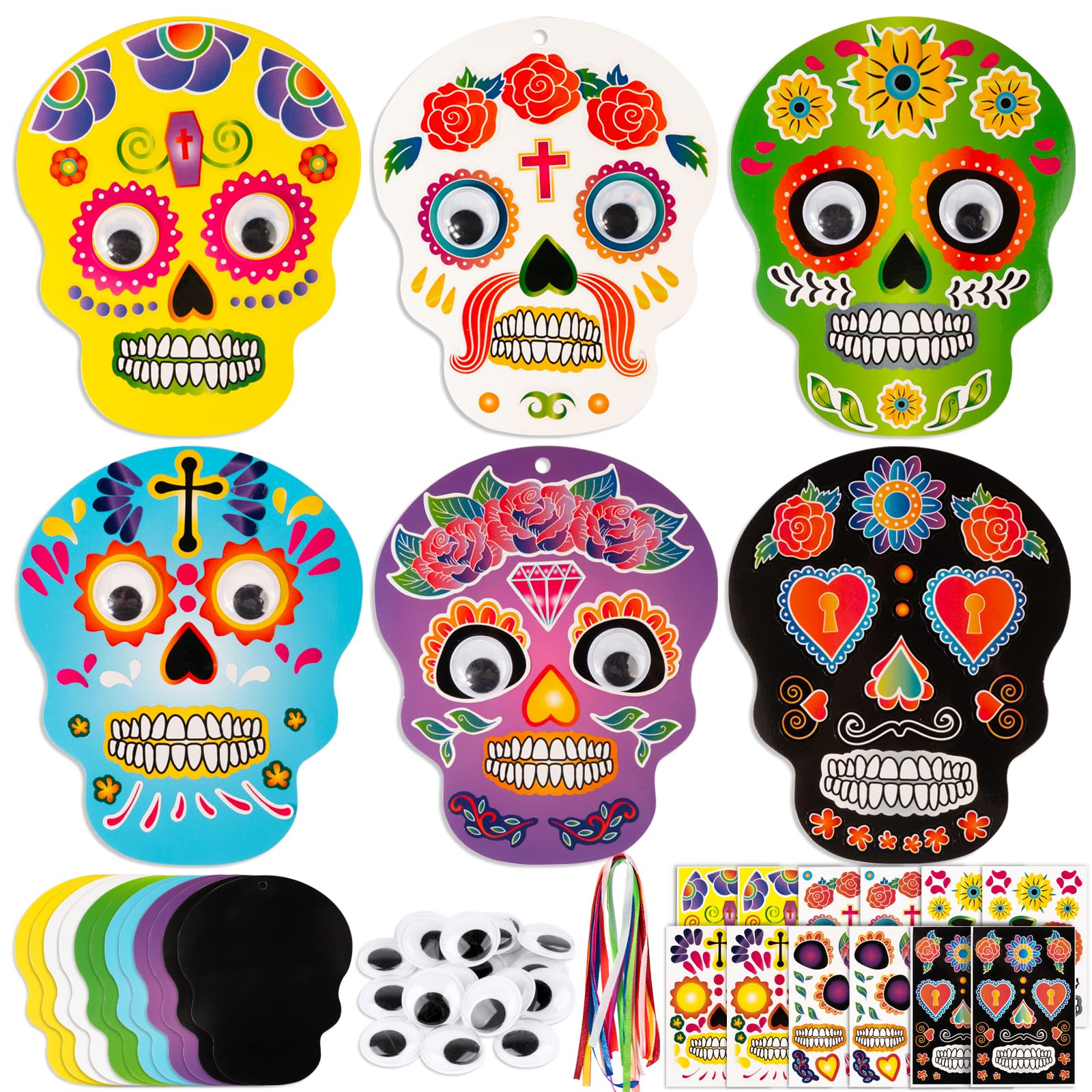 BOOMTOP 12 Pack Day of The Dead Craft Kits - Halloween Skull Craft Set for Kids - DIY Paper Crafts with Ribbon for Day of The Dead Decoration