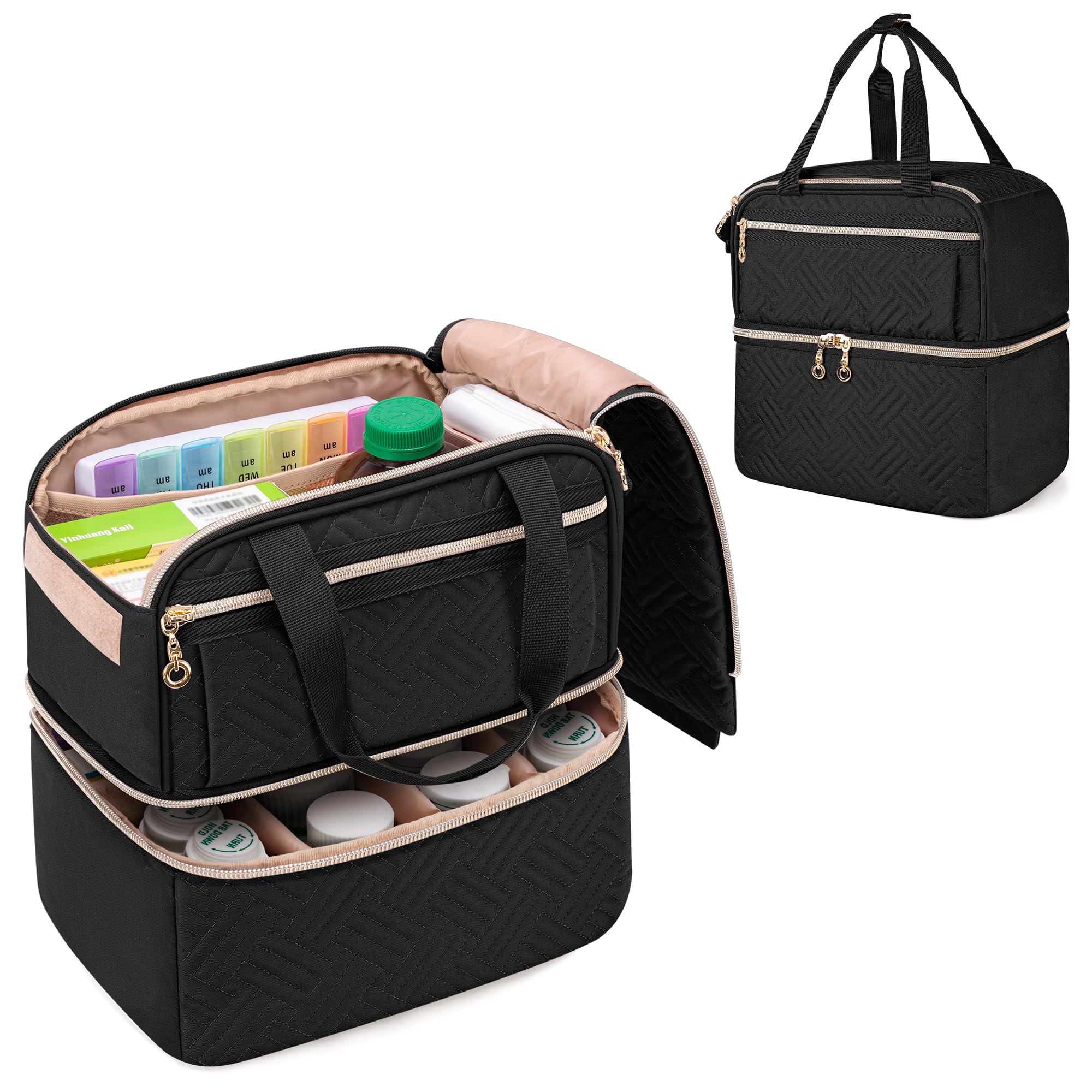 Damero Double Layers Pill Bottle Organizer Empty, Lockable Medicine Storage Bag Medication Travel Bag with 4 Customized Dividers for Prescription Bottles, Medical Supplements,Black