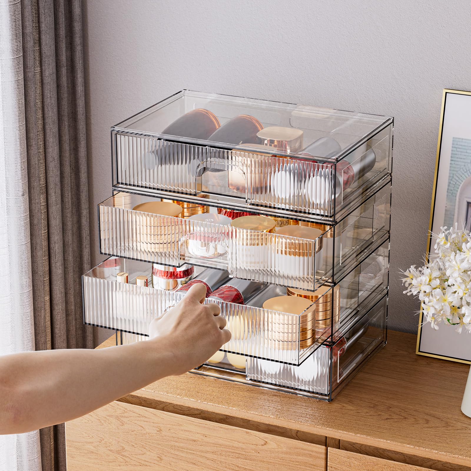 ZHIAI Cassetto portaoggetti impilabile, 4 pezzi, organizer in acrilico per cosmetici e prodotti di bellezza, adatto per cassettiere, bagno, armadi, ripostigli, camere da letto e organizzatori per la