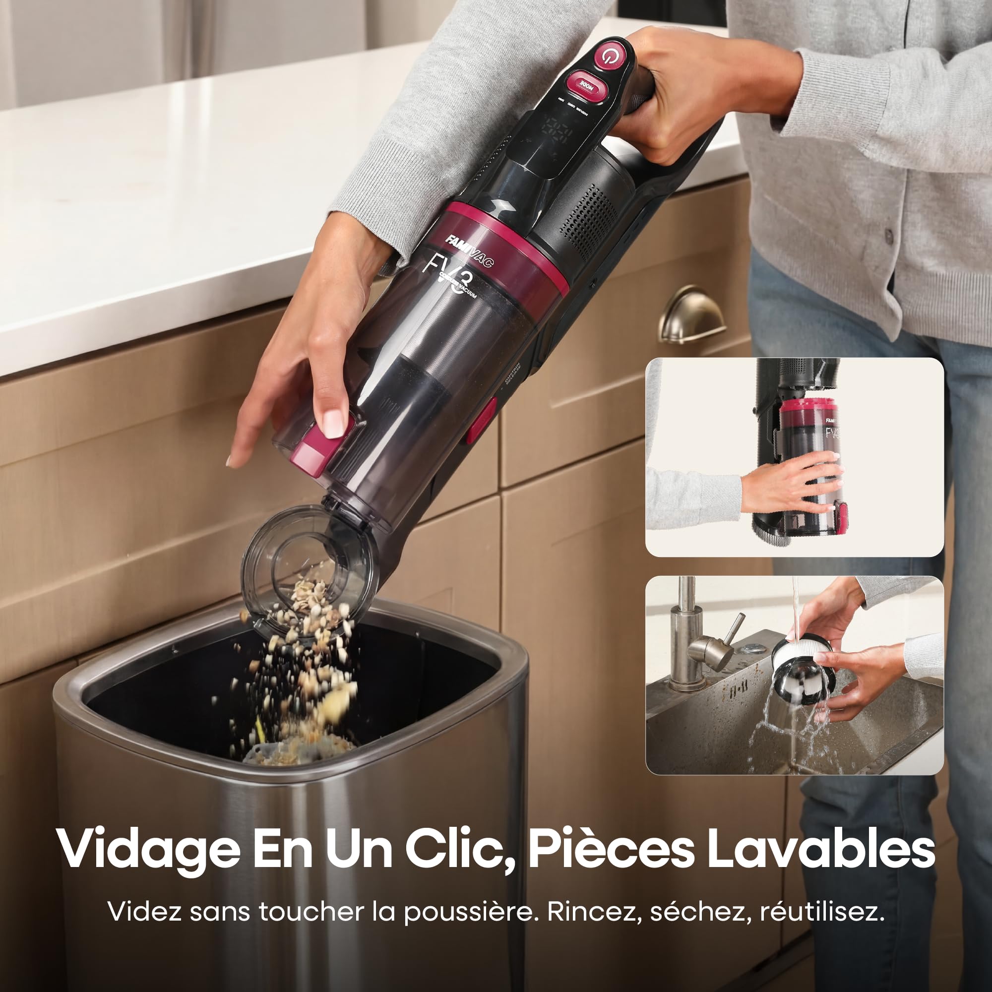FAMIVAC FV3 Aspirateur Balai sans Fil 60KPa/50Min/120㎡, Tube Pliable, Autoportant à Brosse Anti-Enchevêtrement, Lumière Verte, Aspirateur à Main Puissant pour Sol Dur/Moquette/Poils Animaux/Voiture