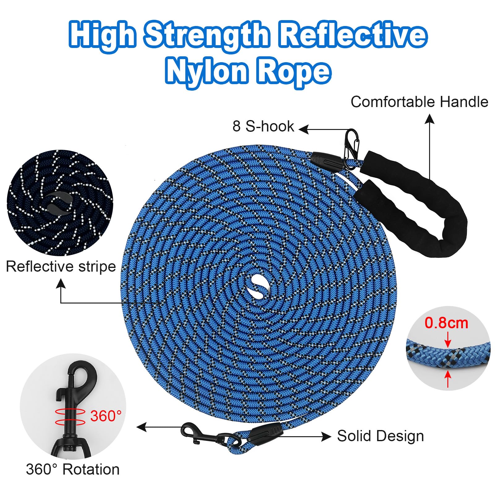 Training Lead for Dogs With Comfortable Handle - 10M/20M/30M Long Line Nylon Reflective for Hiking Camping, Walking (Blue, 10M/33FT) - Image 4