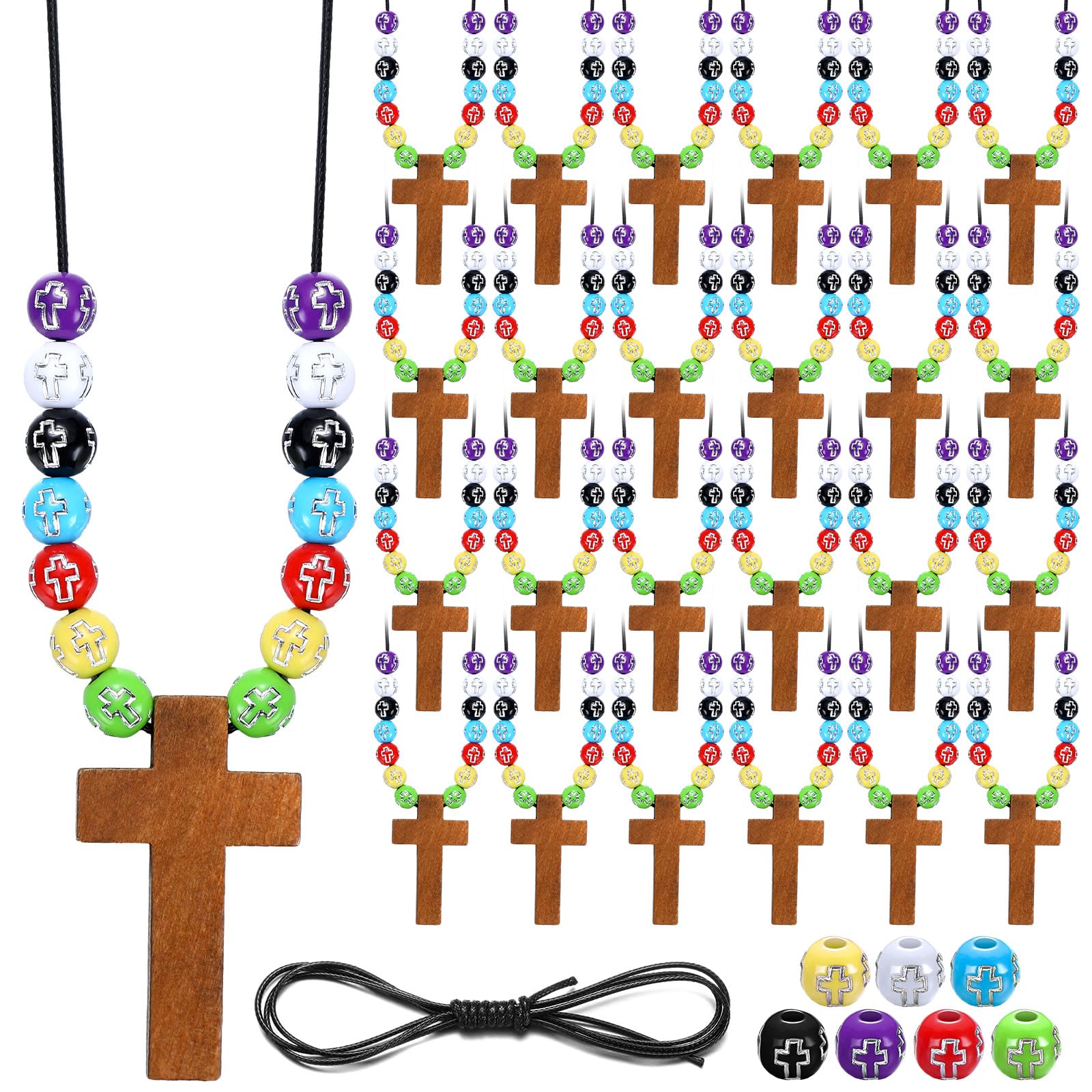 Kathfly 277 Pcs Wooden Cross Necklace Crafts Sunday School Crafts Kit DIY Christian Catholic Rosary Cross Pendant Religious Charms with Colorful Beads