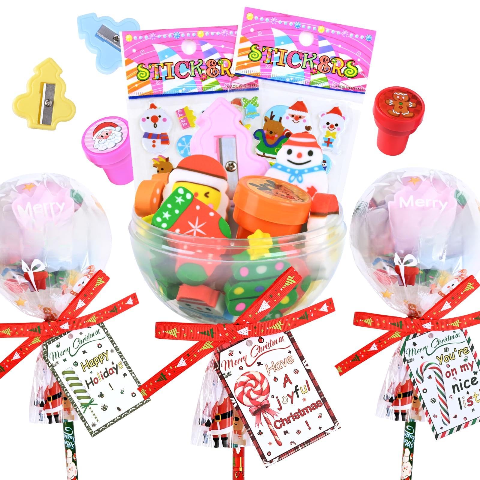 Waipfaru Christmas Gifts for Students - 24 Pack Giant Lollipop - Shaped Stationery Set with Christmas Cards Pencils Stickers Erasers Stampers Sharpener for Classroom Gifts Exchange School Party Favors