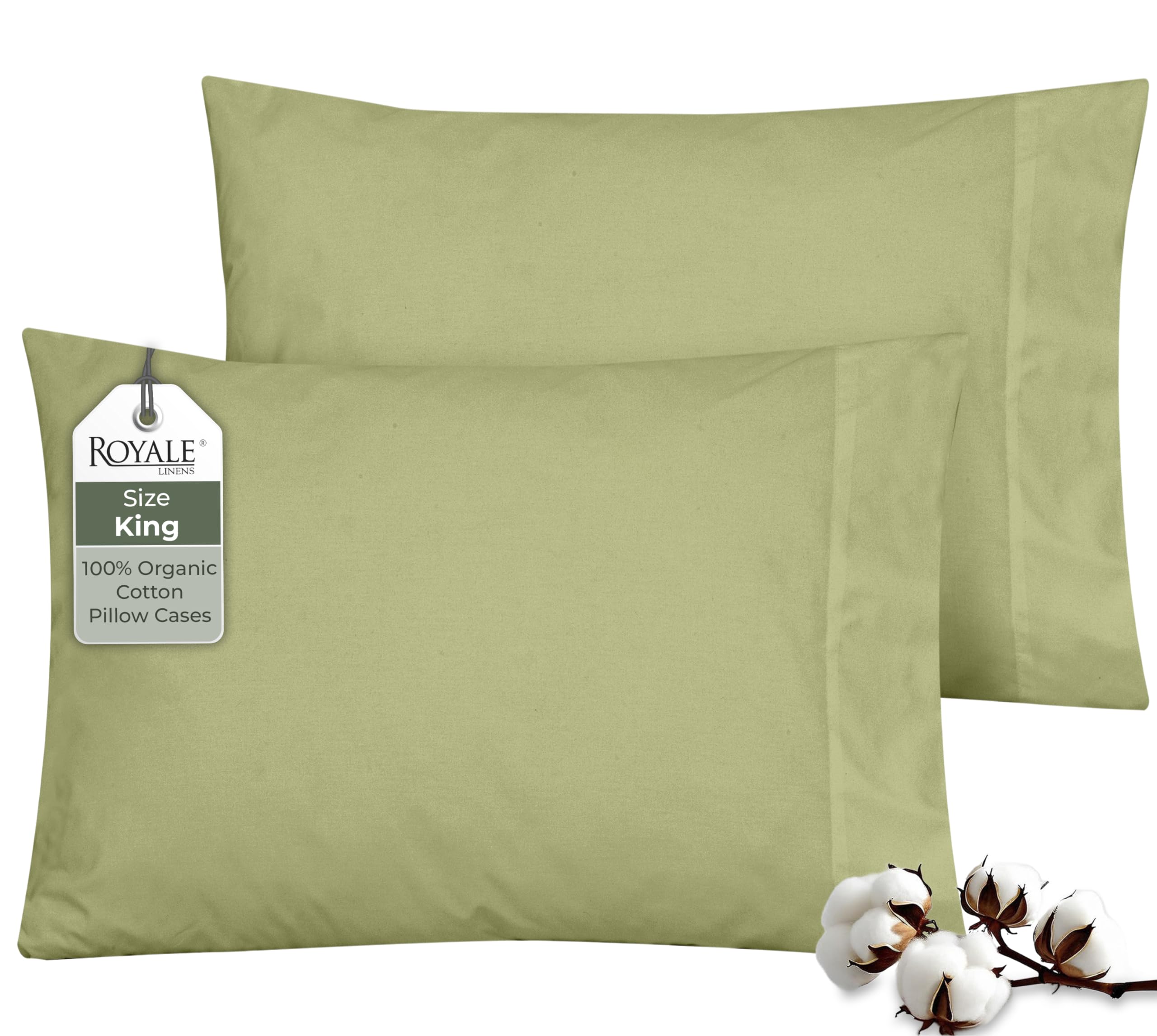 ROYALE LINENS 100% Organic Cotton Percale Pillowcases Set of 2 - King Size Percale Pillowcase - King Set of 2 Pillow Cover - Breathable, Cool &amp; Crisp Sage Green Pillow Cases (20"x40", Sage Green)