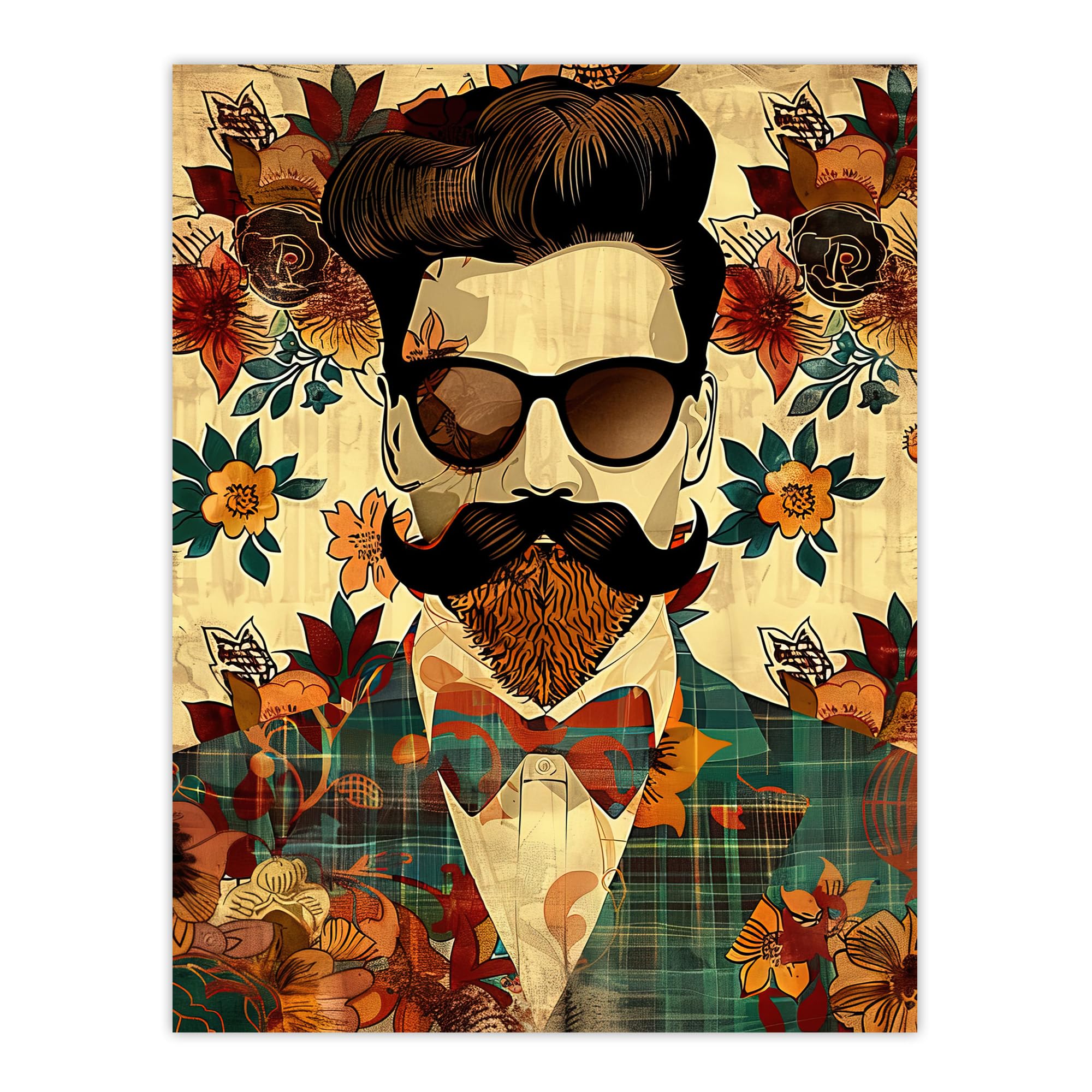 Artery8 Hipster Man Portrait Flowers Moustache Pompadour Living Room Extra Large XL Wall Art Poster Print