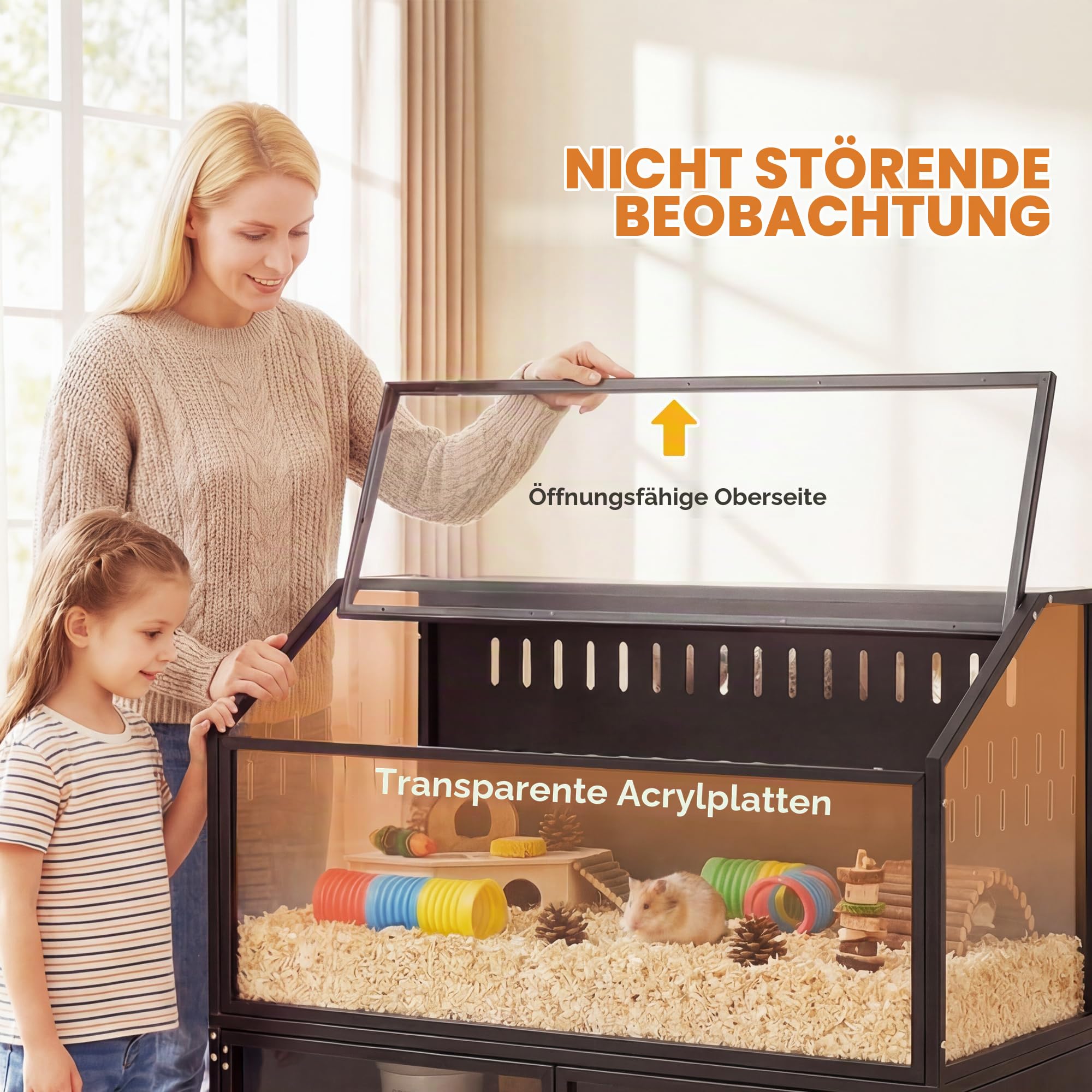 PawHut Hamsterkäfig 2-in-1 mit Aufbewahrungsschrank – Riesen-Lebensraum 104 cm für Nagetiere aus Stahl und transparentem Acryl – großer Käfig Design für syrische Hamster und Mäuse, schwarz
