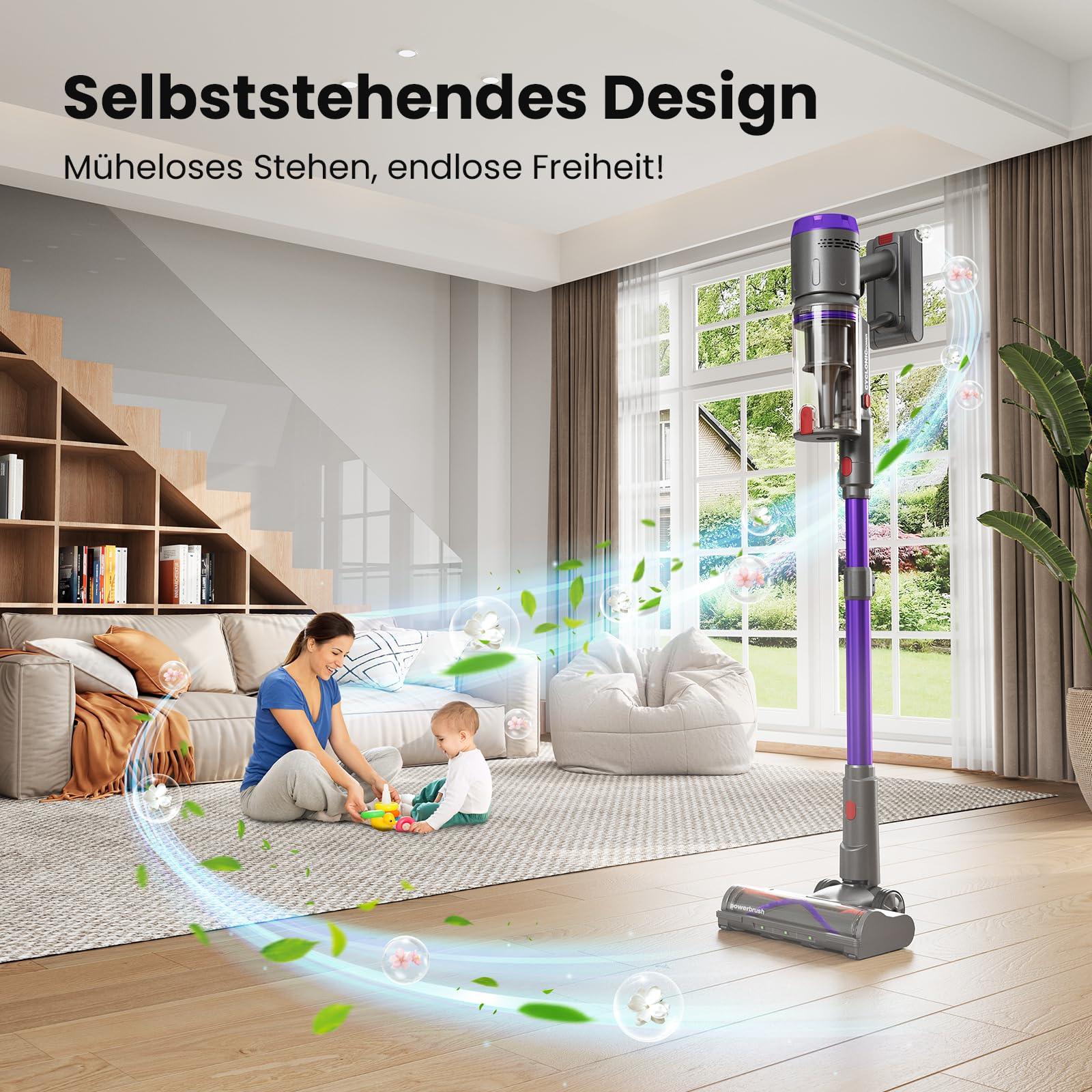 Akku Staubsauger, 600W/58000Pa/75Min, Laufzeit Staubsauger Kabellos mit Smart LED Display und Ladestation, Selbststehender Akkusauger mit Antitanglebürste für Teppich, Hartboden und Tierhaare