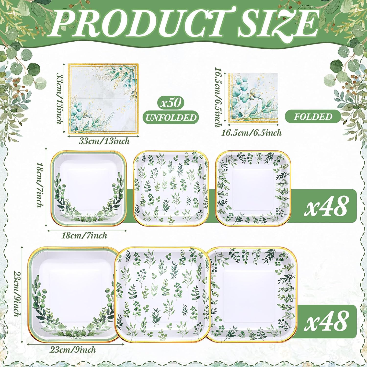 146 Pcs Eucalyptus Paper Plates and Napkins Set Disposable Sage Green Eucalyptus Square Tableware for Wedding Birthday Baby Shower Garden Spring Tea Party Supplies Serves 48 Guests