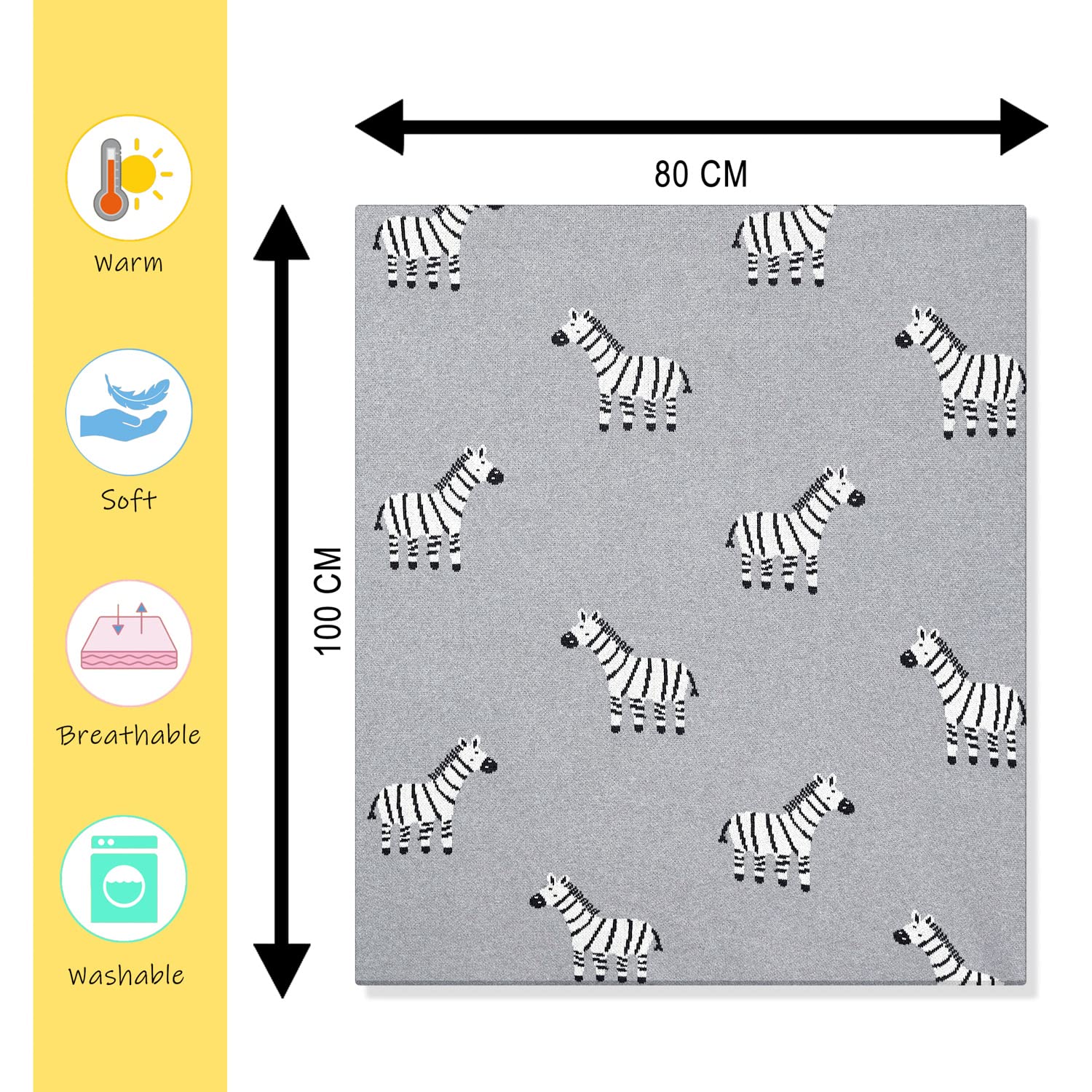 Nevni Cute Zebra Knitted Soft Cotton Reversible Baby Blankets for Newborn Boy Girls Grey, 80 cm x 100 cm, Crib - Image 3