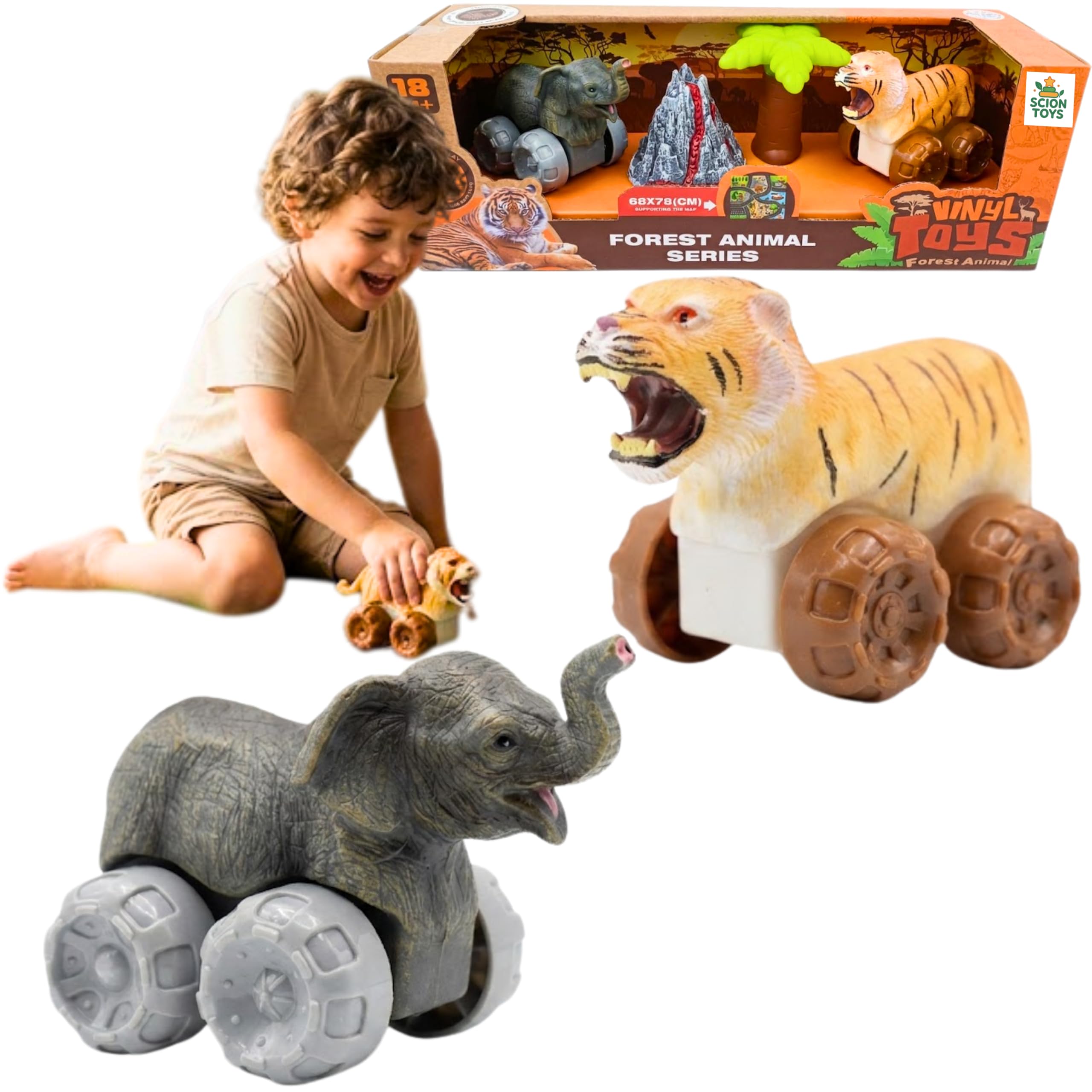 Push and Go Animal Car Toys for Toddlers 1-3 – Soft Rubber Elephant & Tiger Vehicle Playset with Forest Play Mat, BPA Free Bath Travel Toys, Birthday Gift Boys Girls UAE