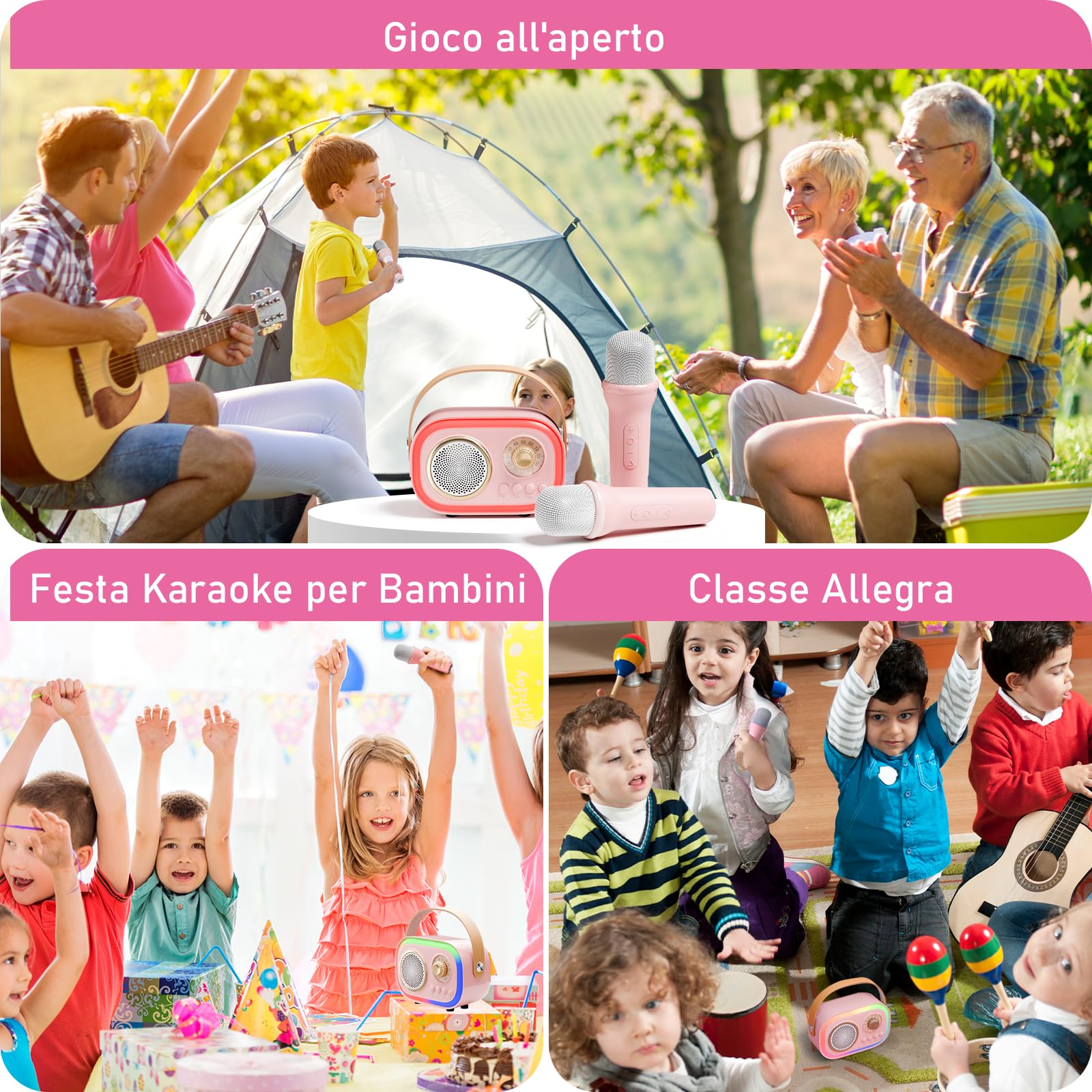 Karaoke per Bambini e Adulti con 2 Microfono, Regalo Bambina 3-18 Anni Macchina per Karaoke Bambini Bluetooth con 5 LED e 12 Effetti Vocali，Giochi Bimba 3-18 Anni,Regalo Natale Compleanno Giocattoli