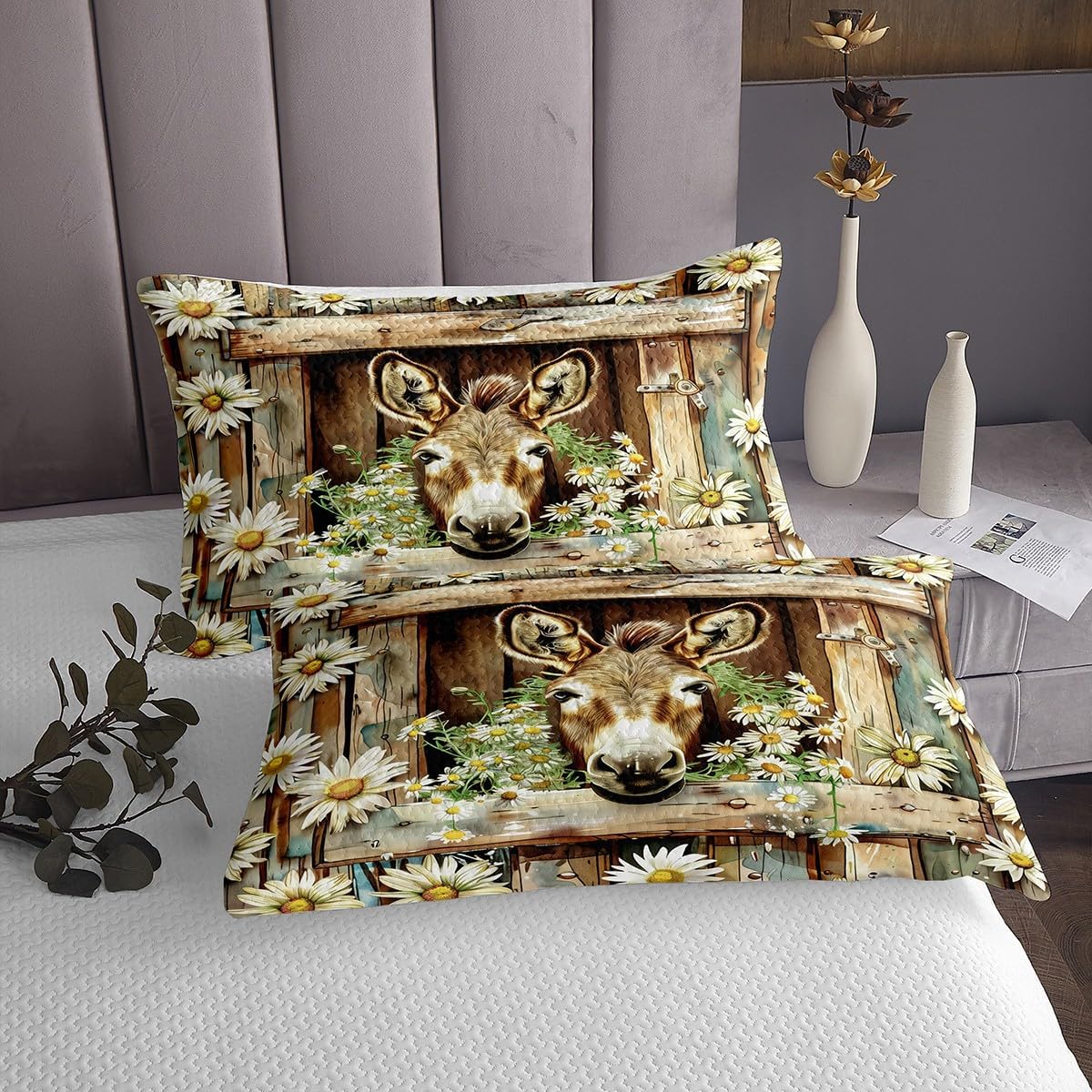 Manfei Donkey Bedspread King Size,Daisy Flowers Wooden Plank Cottage Coverlet Set,Girls Boys Women Room Decor,Rustic Farmhouse Animals Quilted Coverlet,Brown Country Retro Bedding Quilt,2 Pillowcases