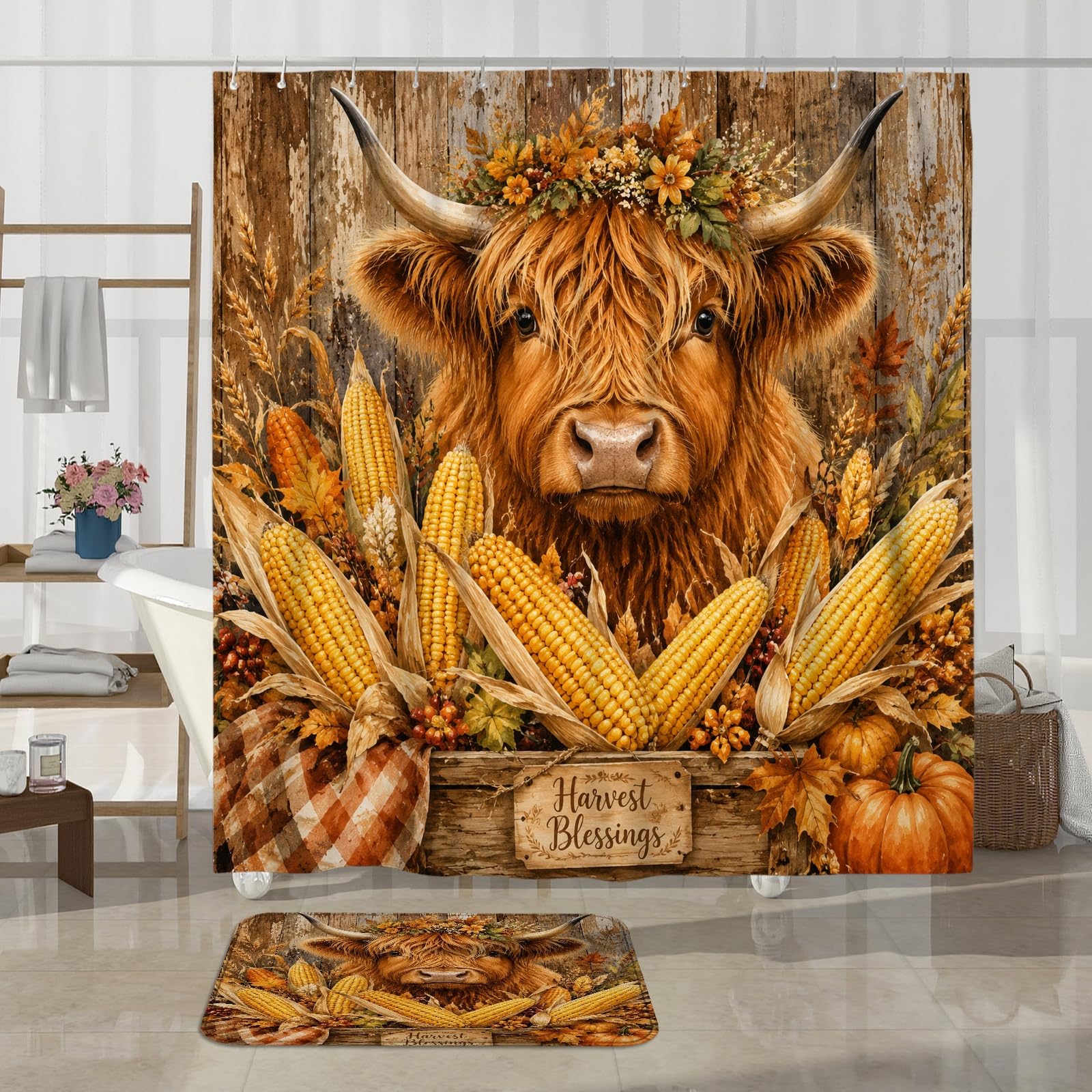 Ensemble de rideaux de douche rustiques en tissu imprimé avec crochets et tapis décoratifs pour salle de bain et dortoir, motif vache, maïs, citrouille, orange, 183 x 183 cm