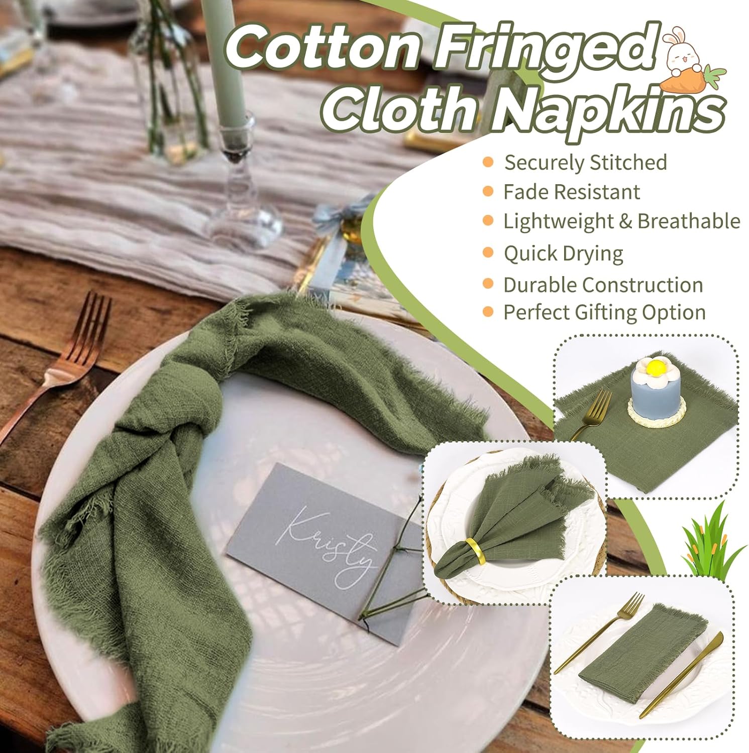 Showgeous 60 Pack Olive Green Cloth Napkins with Fringe 16x16 inch 100% Cotton Green Napkins Handmade Dinner Napkins Bulk Washable Soft Rustic Table Napkins for Wedding Parties Bridal Baby Shower