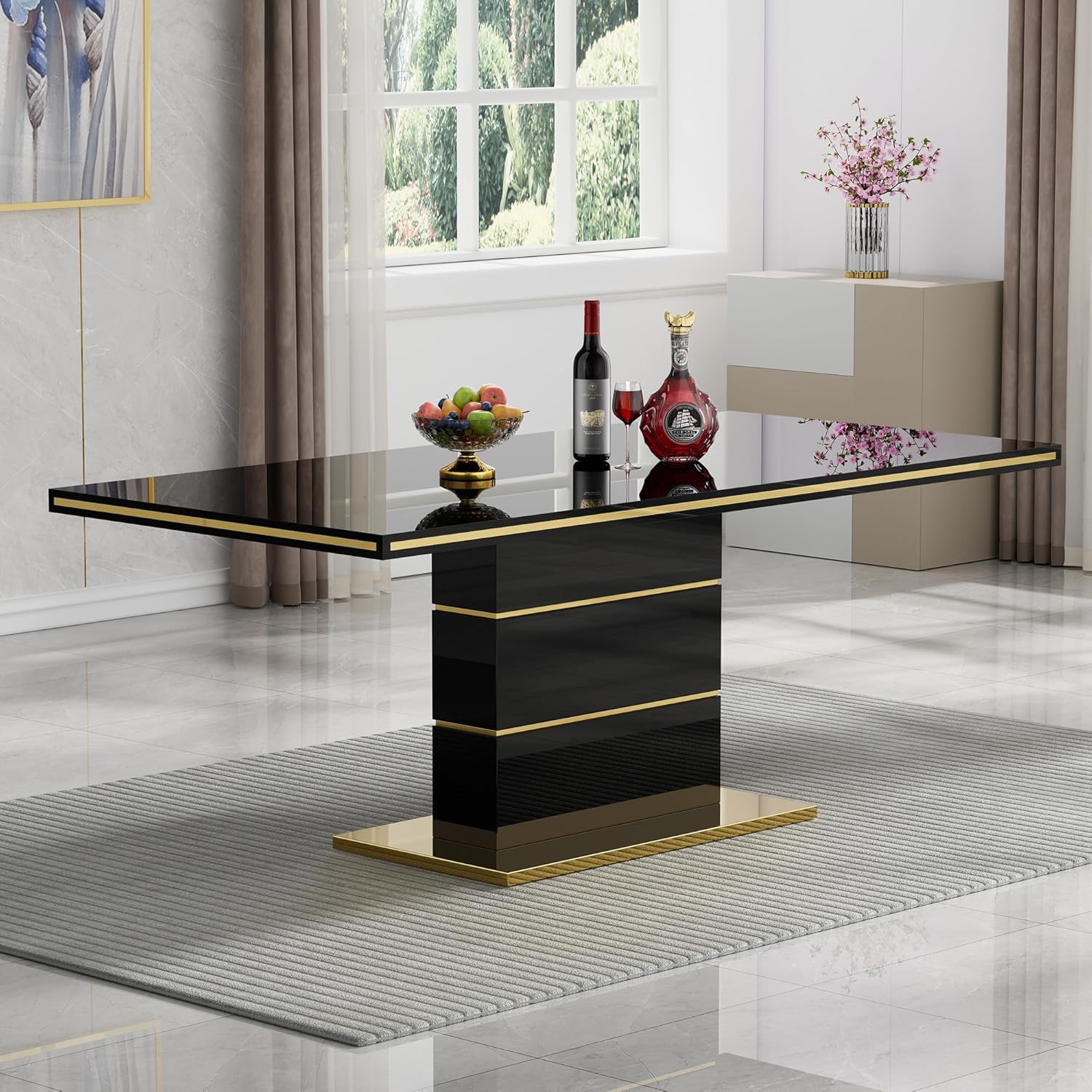 Amazon.com - Modern Wood Dining Table for 4-6 Rectangle 63" Black Gold Kitchen Table for 6 ...