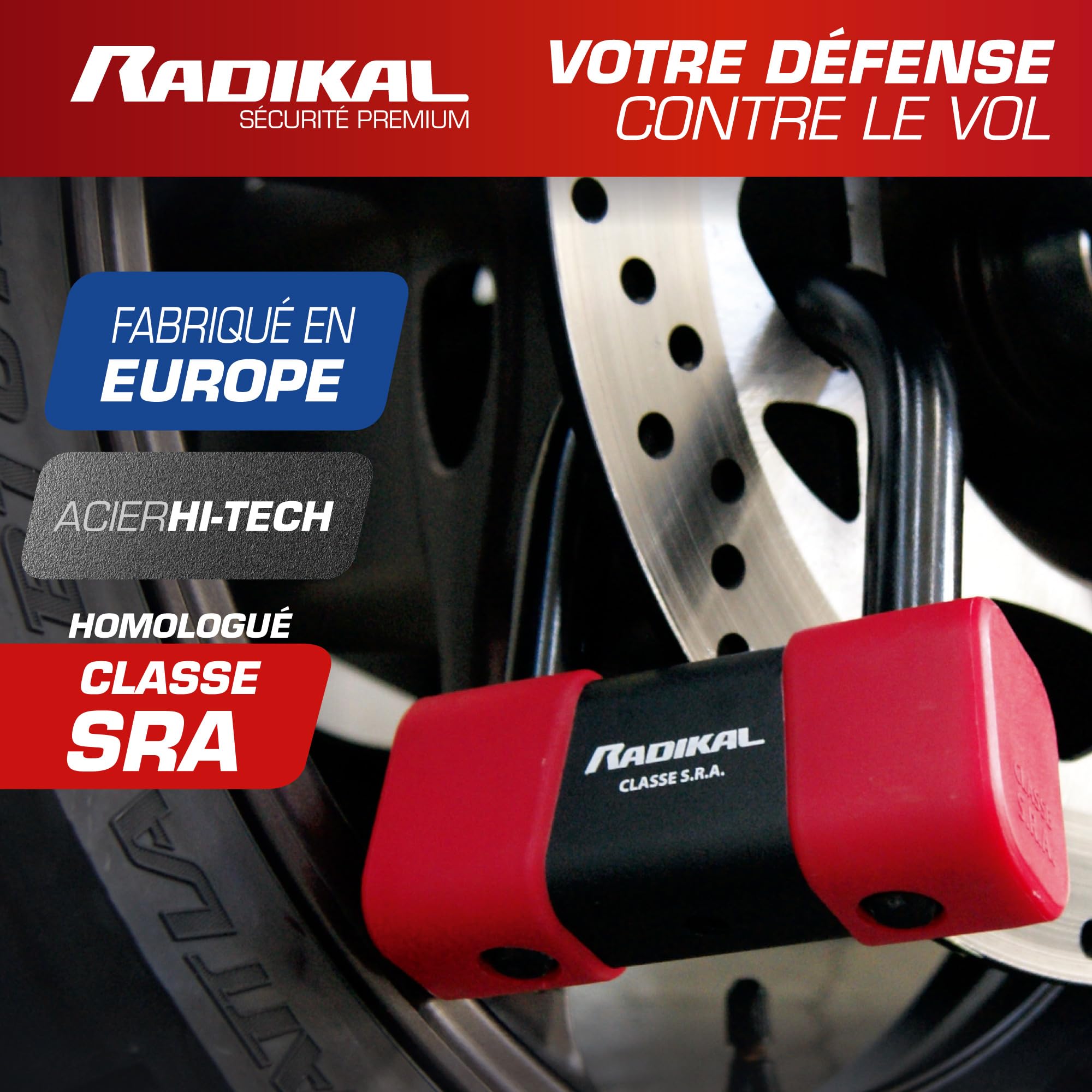 RADIKAL RK75 Antivol Moto Bloque Disque Mini U Premium Homologué SRA, Plus Dissuasif, Brutale Testé, Arc ø18mm en Acier Trempé, Double Fermeture, Cable Rappel, Bloc Frein Roue pour Moto Scooter