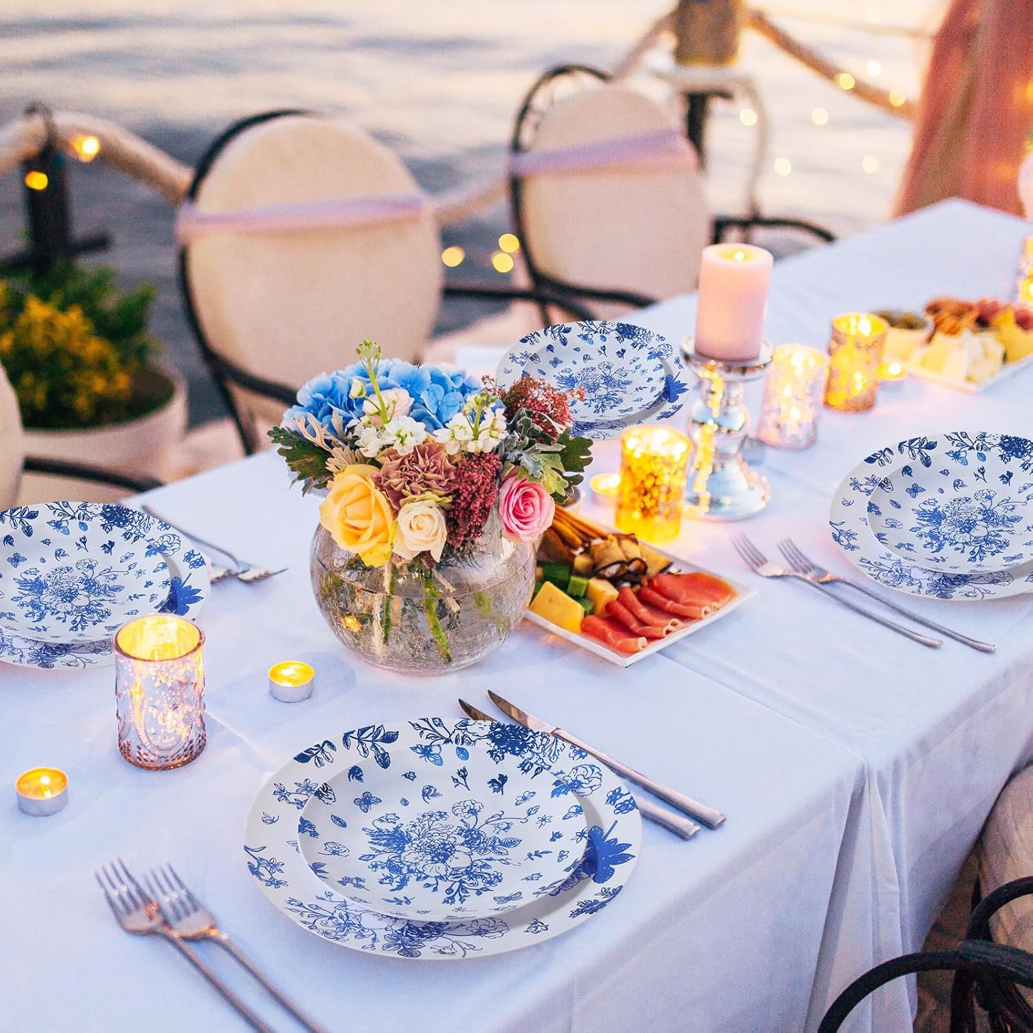 Mifoci 100 Pcs Blue and White Floral Plastic Plates Set for 50 Guests, 50 Pcs 10.25 in Dinner Plates and 50 Pcs 7.5 in Dessert Disposable for Wedding Bridal Baby Shower Tea Party