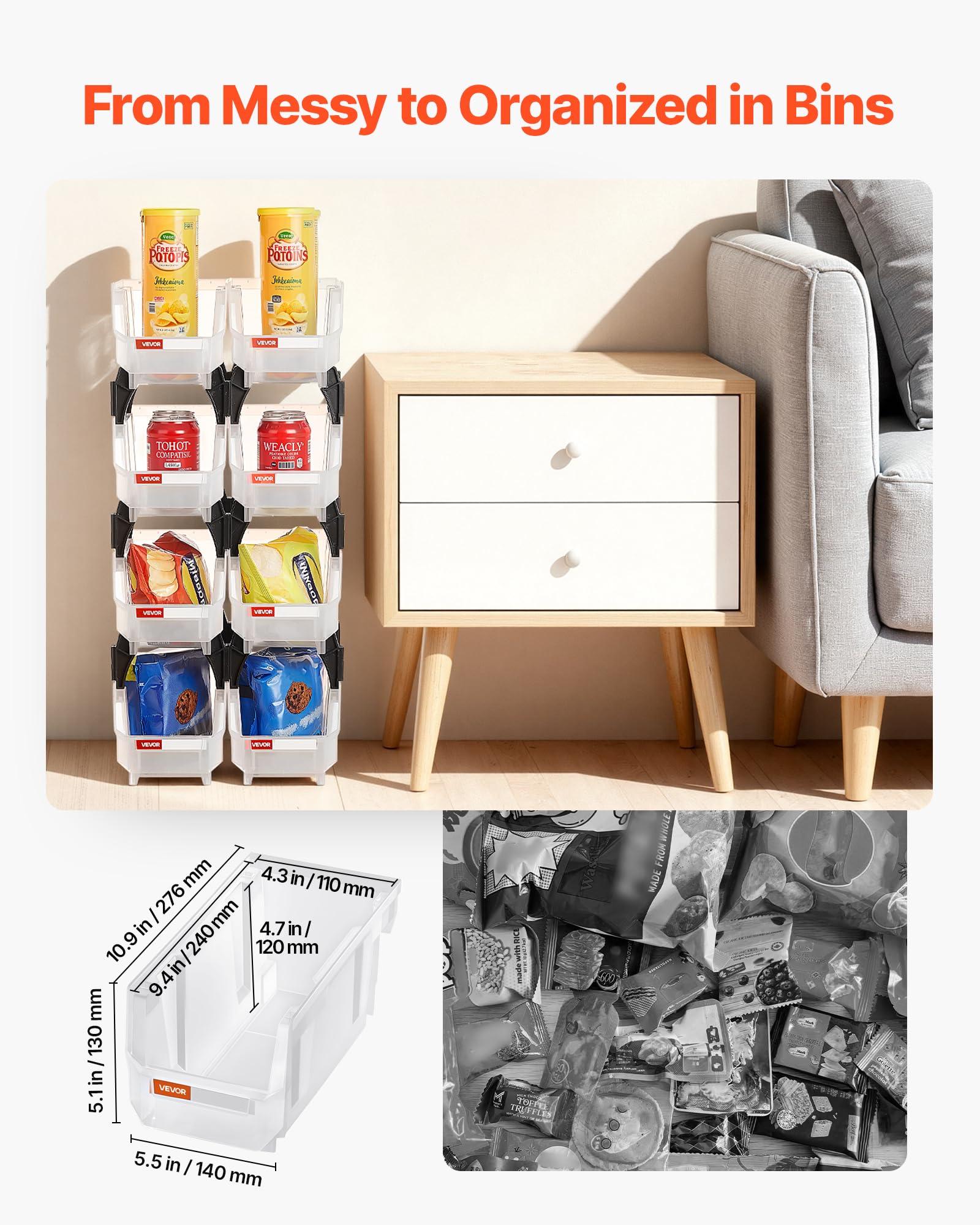 Image secondaire de Lot de 8 Bacs de Rangement Empilables VEVOR - Transparent, 27,6 x 14 x 13 cm