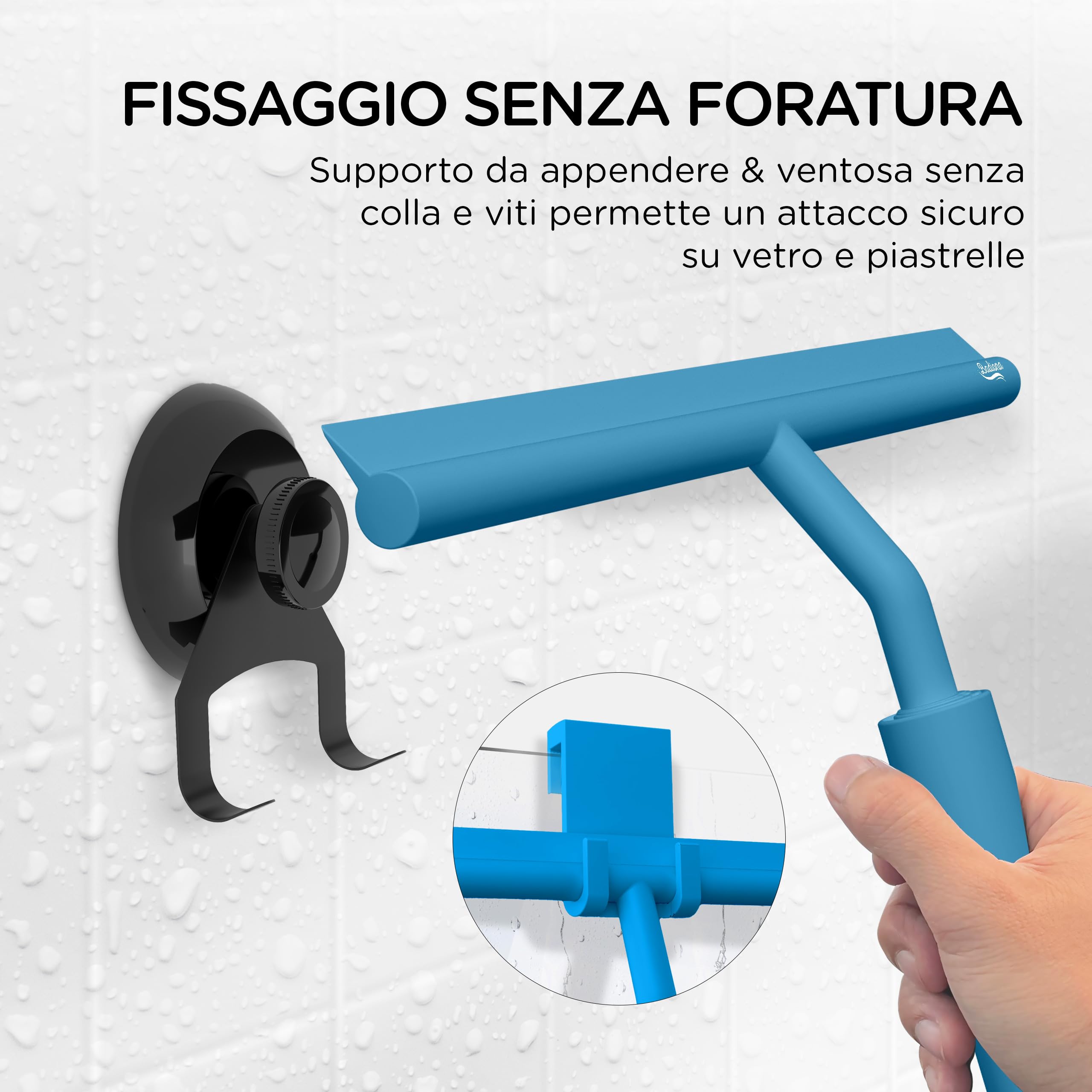 Tergivetro per doccia silicone blu - Con gancio di aspirazione & telescopica fino a 100 cm I Tira acqua da doccia I Tiraacqua per vetri Pulizia doccia I Pulitore Asciuga vetri Pulisci vetro