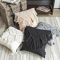 Vista 6 de Phantoscope Almohada de 100% algodón hecha a mano, tejida a ganchillo, estilo bohemio, cojín decorativo para sofá, color blanco hueso, 18 x 18