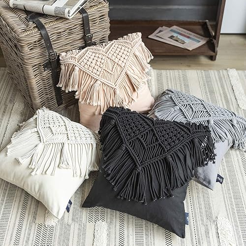 Miniatura 4 de Phantoscope Almohada bohemia tejida de ganchillo 100% algodón hecha a mano, cojín decorativo para sofá, color rosa, 18 x 18 pulgadas