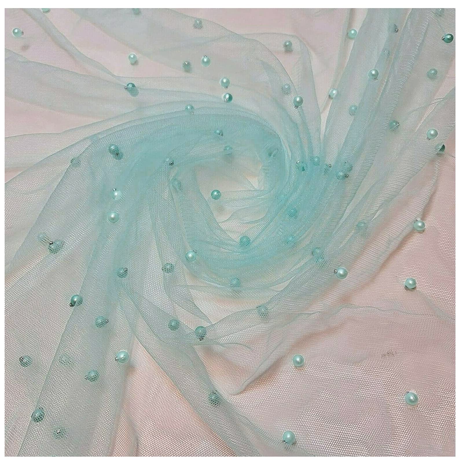 Sky Net Studded Silver Pearls Soft Fabric Fashion Material for Dressmaking, Decoration, Craft, Scarves & Dupattas l 60" - 150cm Wide | Sold by The Metre