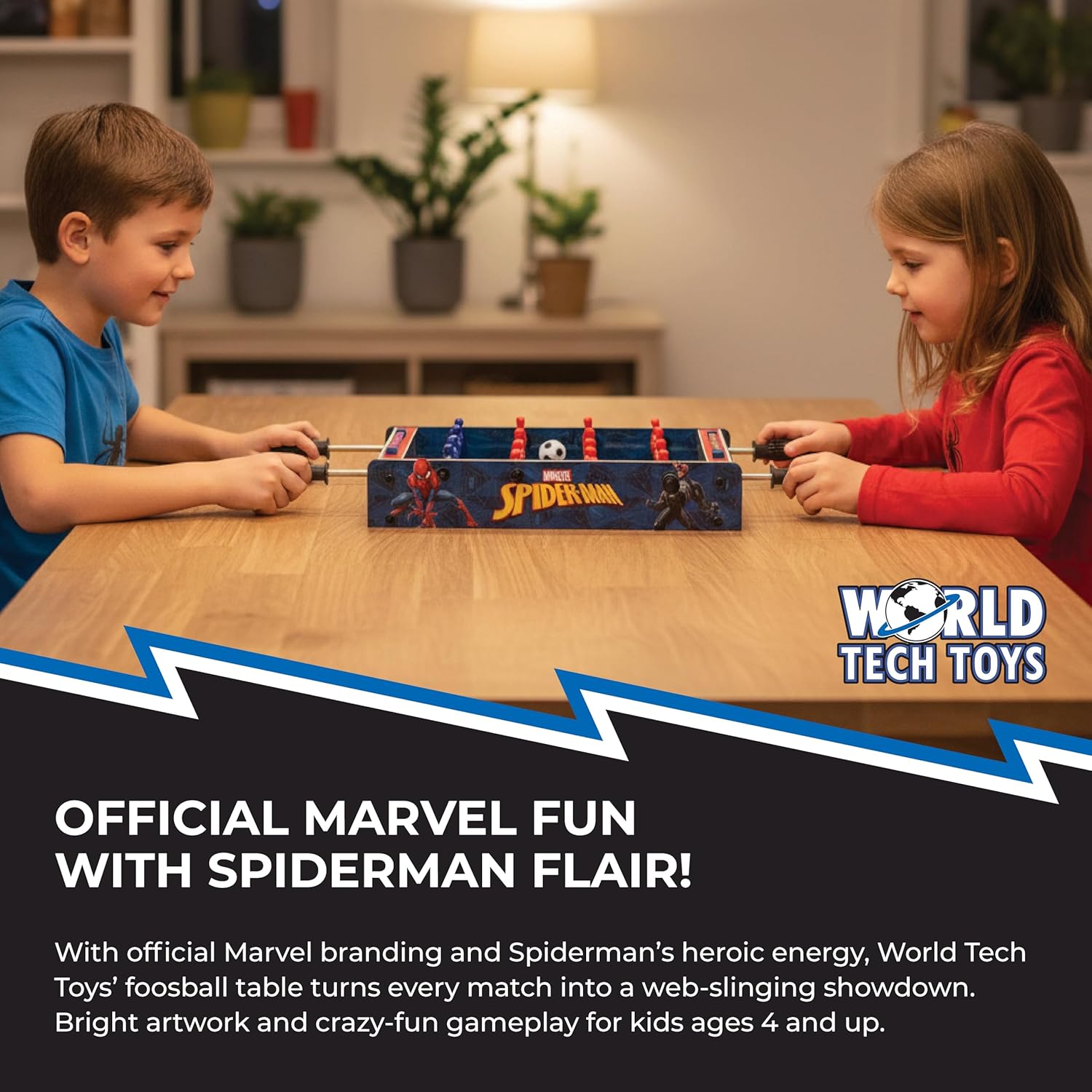 World Tech Toys Marvel Spider-Man Foosball Table for Kids – Tabletop Soccer Game with Rod Handles, Ball & Players – Wooden Spiderman Game for Kids 4+ – Marvel Licensed