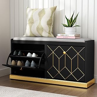 HOLTICO Shoe Bench Storage with Seat, Black Shoe Cabinet Cupboard with Cushion & Flip-Drawer, Shoes Storage Cabinet for Hallway, Entryway