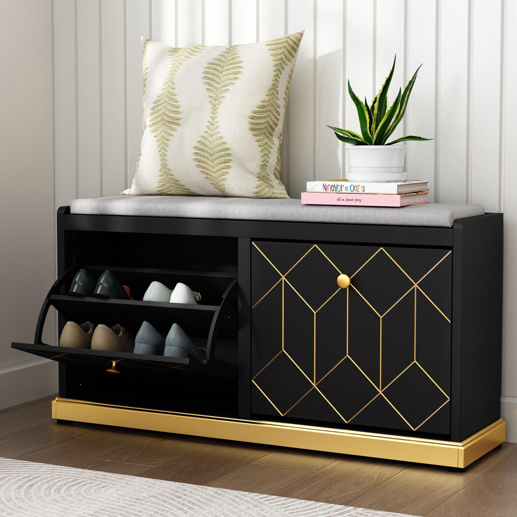 Shoe Bench Storage with Seat, Black Shoe Cabinet Cupboard with Cushion & Flip-Drawer, Shoes Storage Cabinet for Hallway, Entryway