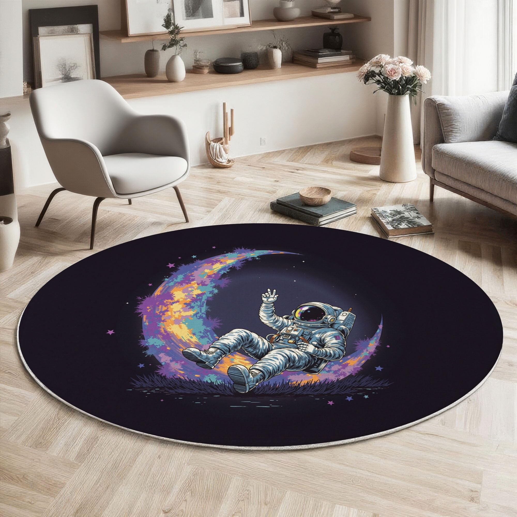 Tapis Rond Aquarelle Lune Astronaute 100 Cm, Lavable En Machine Pour Salon, Ne Perd Pas Ses Poils, Antidérapant | Tapis Affiche Science-Fiction Pour Chambre À Coucher Chambre D'Enfant, Noir Violet