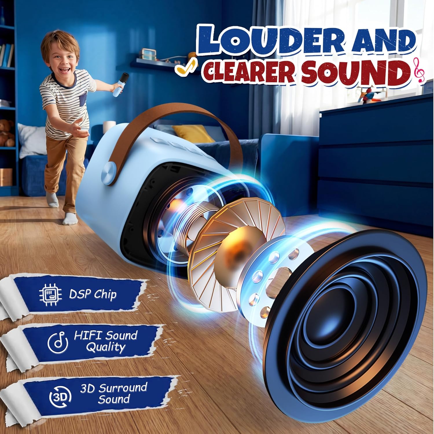 Karaoke Machine for Kids, Portable Mini Speaker with 2 Wireless Microphones, 2026 Top Birthday Toys Gifts for Boys Girls 3, 4, 5, 6, 7, 8, 9, 10, 11, 12+ Years Old Grandkids Family Party (Blue) - Image 3