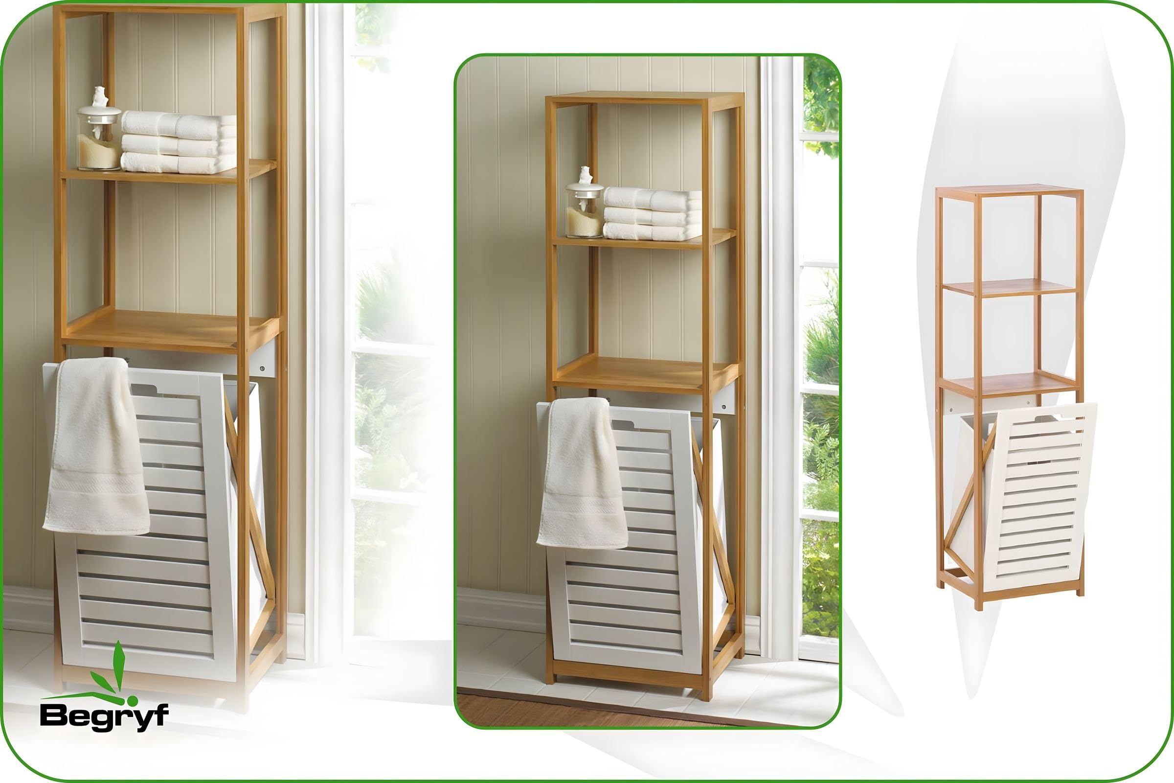 Bambus Wäschesammler mit Regal – 3‑Stufiges Badezimmerregal mit Wäschekorb – Naturholz und Stoff, Badregal mit Wäschekorb Bambus, Wäschetruhe, Wäschebehälter, Schrank für Bad & Haushalt