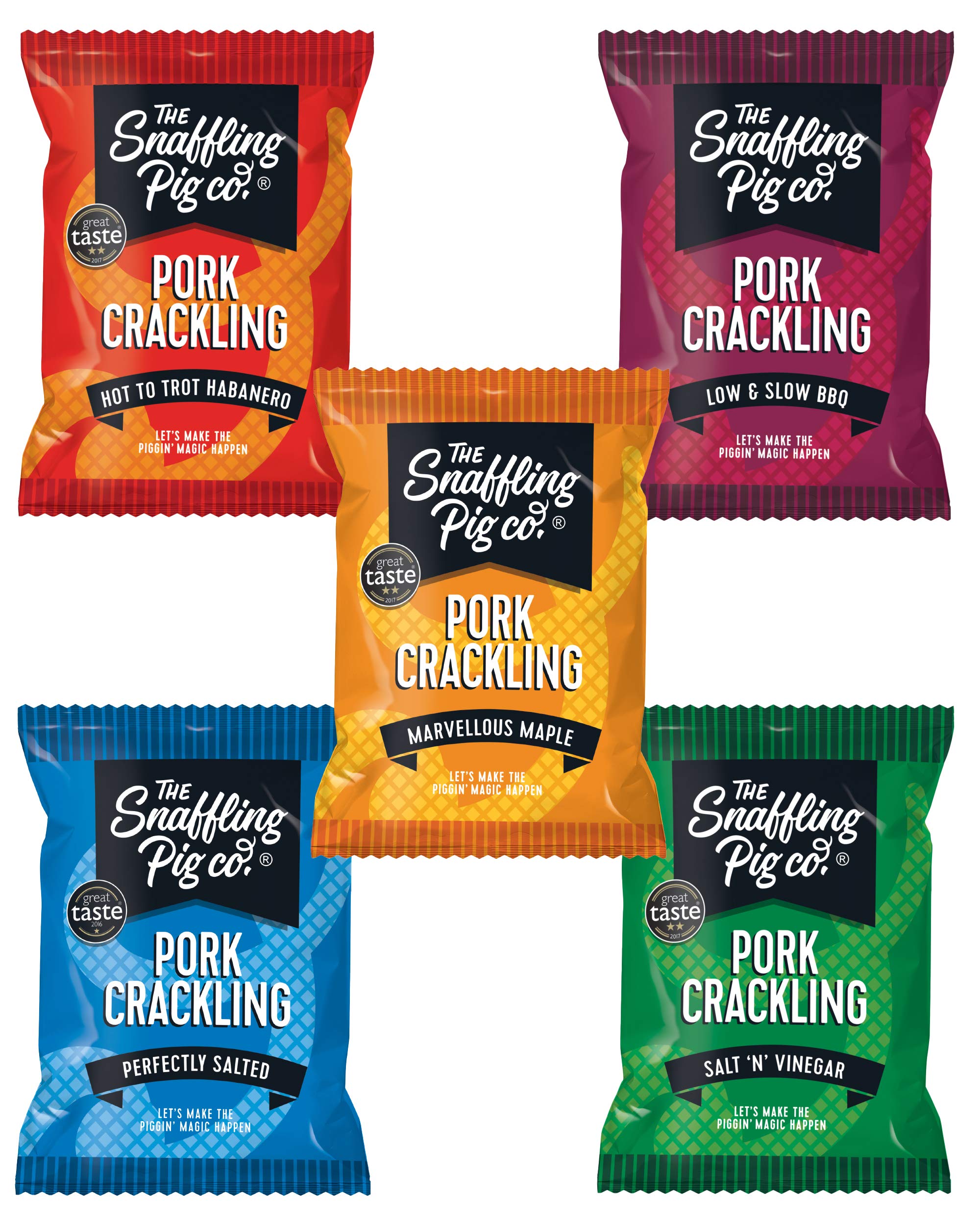 Snaffling Pig Porky Sample Box, Award Winning Pork Crackling, Low Sugar High Protein Keto Savoury Snack (5 x 45g)