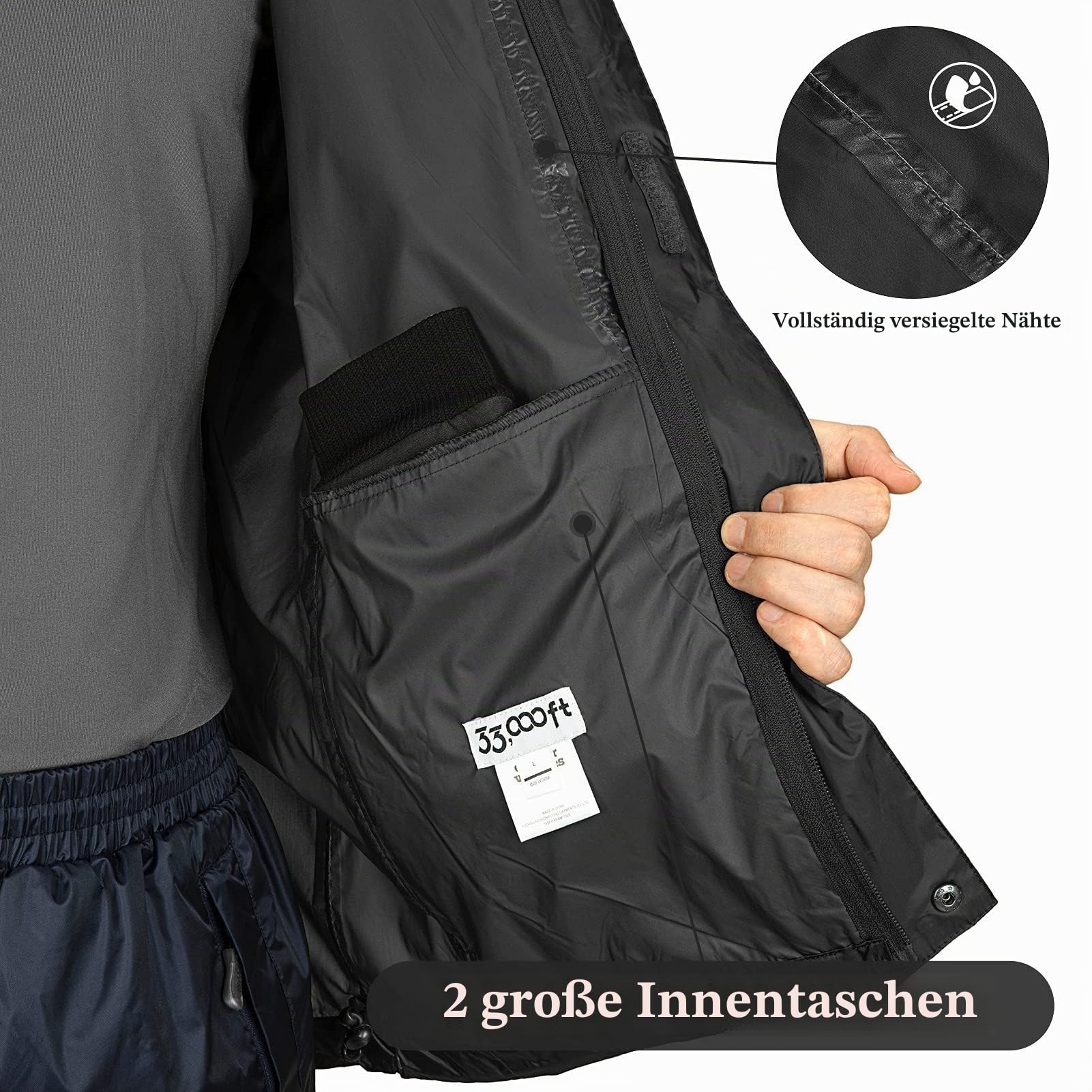 Regenjacke Herren Leicht Wasserdicht Faltbare Regenmantel mit Kapuze 33000ft