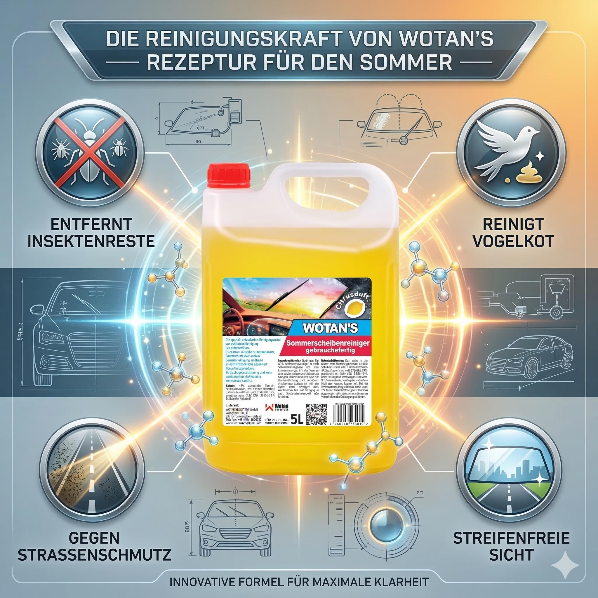 Wotan's 15L Scheibenreiniger | Scheibenwischwasser Sommer Citrusduft | streifenfrei – getestet | Premiumqualität aus Deutschland | polycarbonatverträglich und Fächerdüsengeeignet (3x5 Liter) - 4