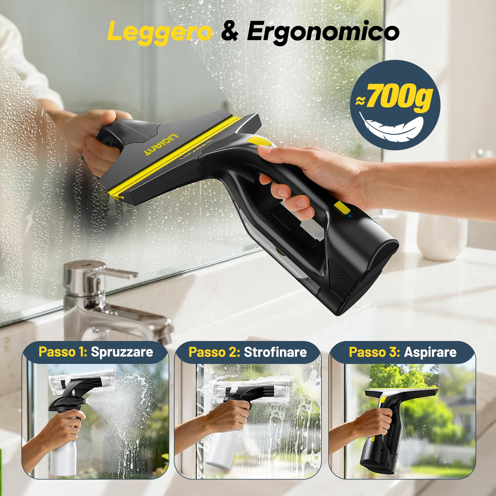 LIGIANT CL03A Lavavetri Aspiragocce Elettrico, 60 Min Autonomia, Ugello 280 mm, Leggero 700 g, Bottiglia Spray e Panni in Microfibra, Ricarica Type-C, Ideale per Finestre, Piastrelle, Specchi e Doccia