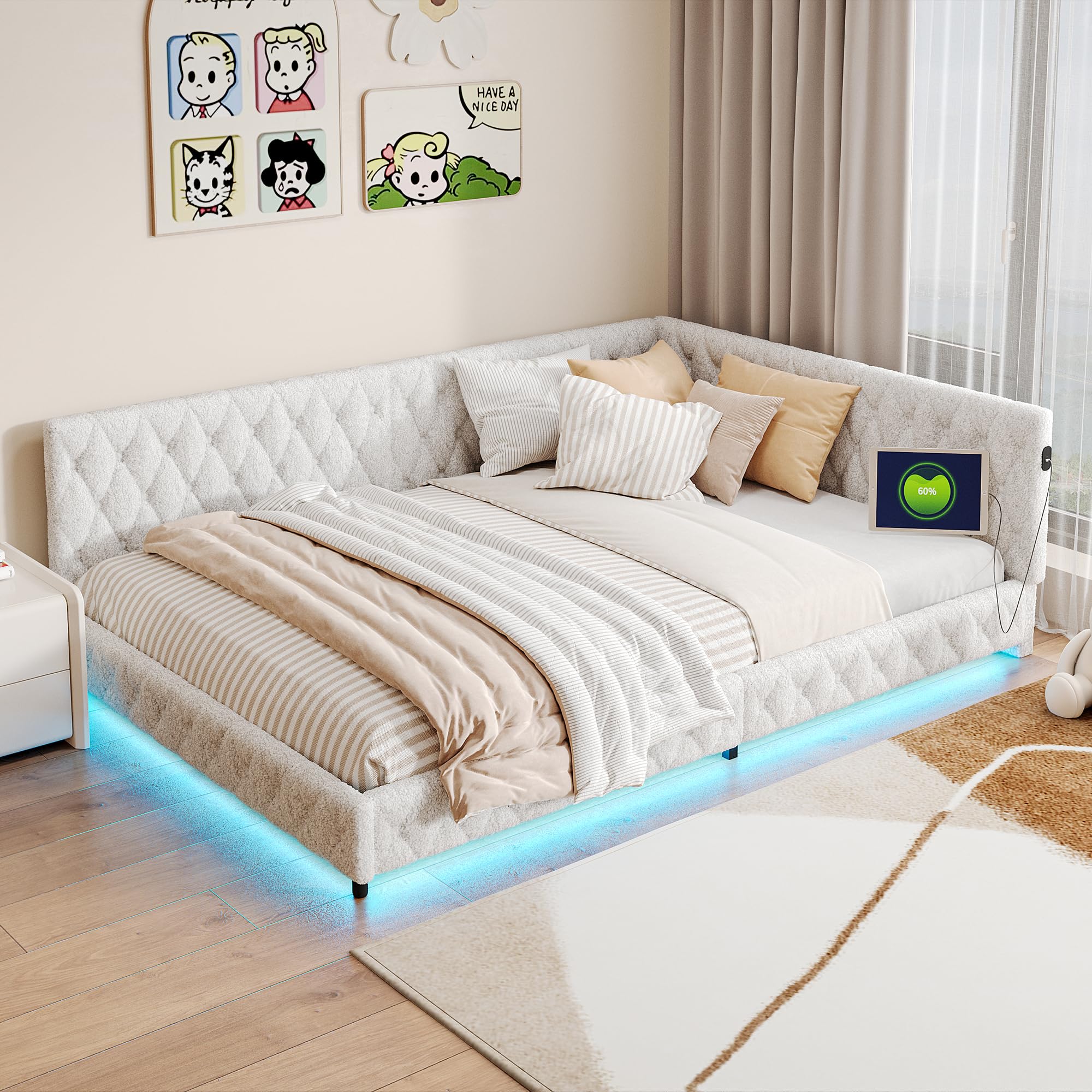 Polsterbett Schlafsofa 140x200 cm mit LED-Beleuchtung und USB-Anschluss, Bettgestell mit Lattenrost & Kopfteil, Multifunktionales Tagesbett Daybett Jugendbett für Gäste und Wohnzimmer(Typ B+ Beige)