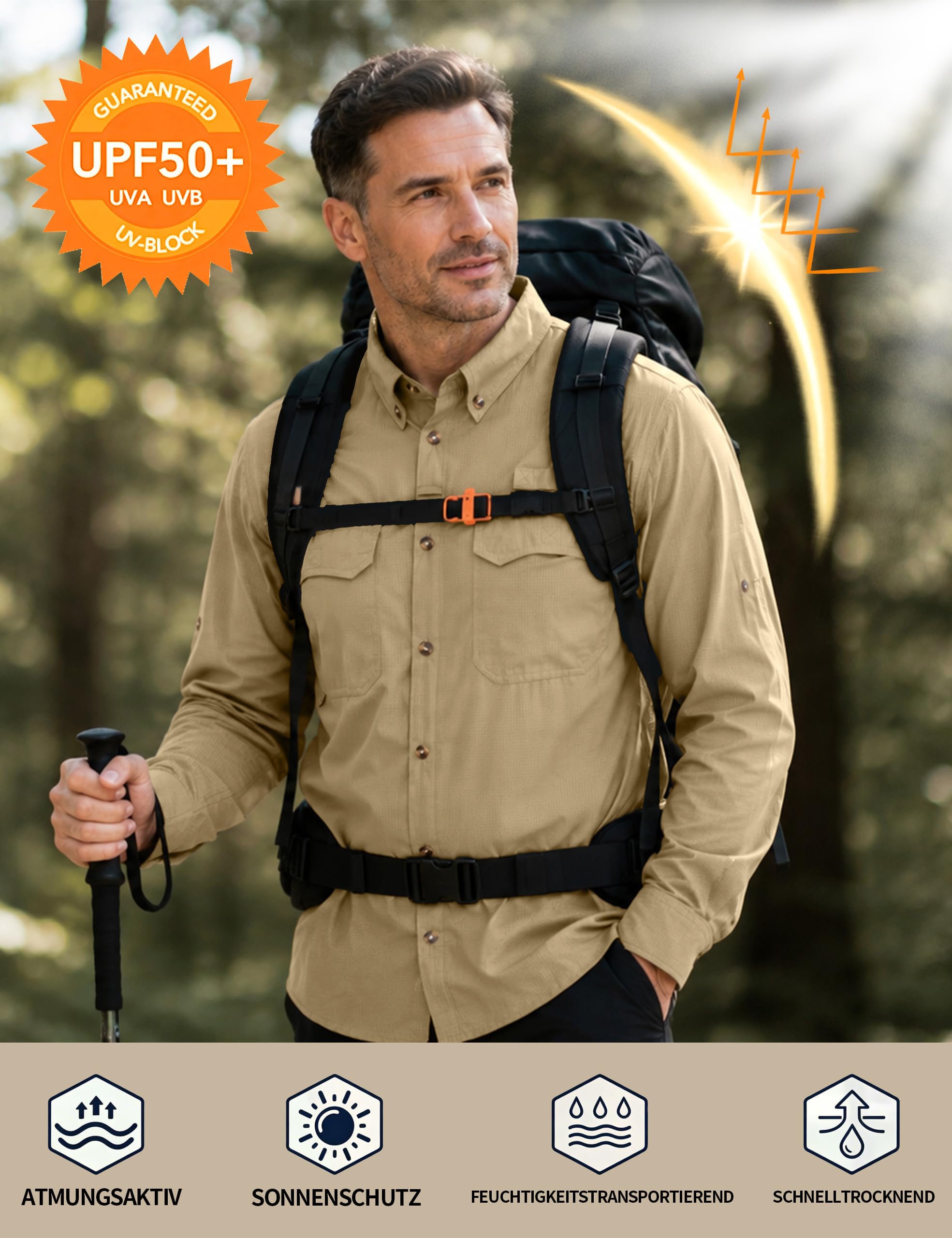 Herren Angelhemd Langarm, UPF 50+ UV-Schutz Funktionshemd Atmungsaktiv Schnelltrocknend, Outdoor Safari Button Down Freizeithemd für Wandern Trekking