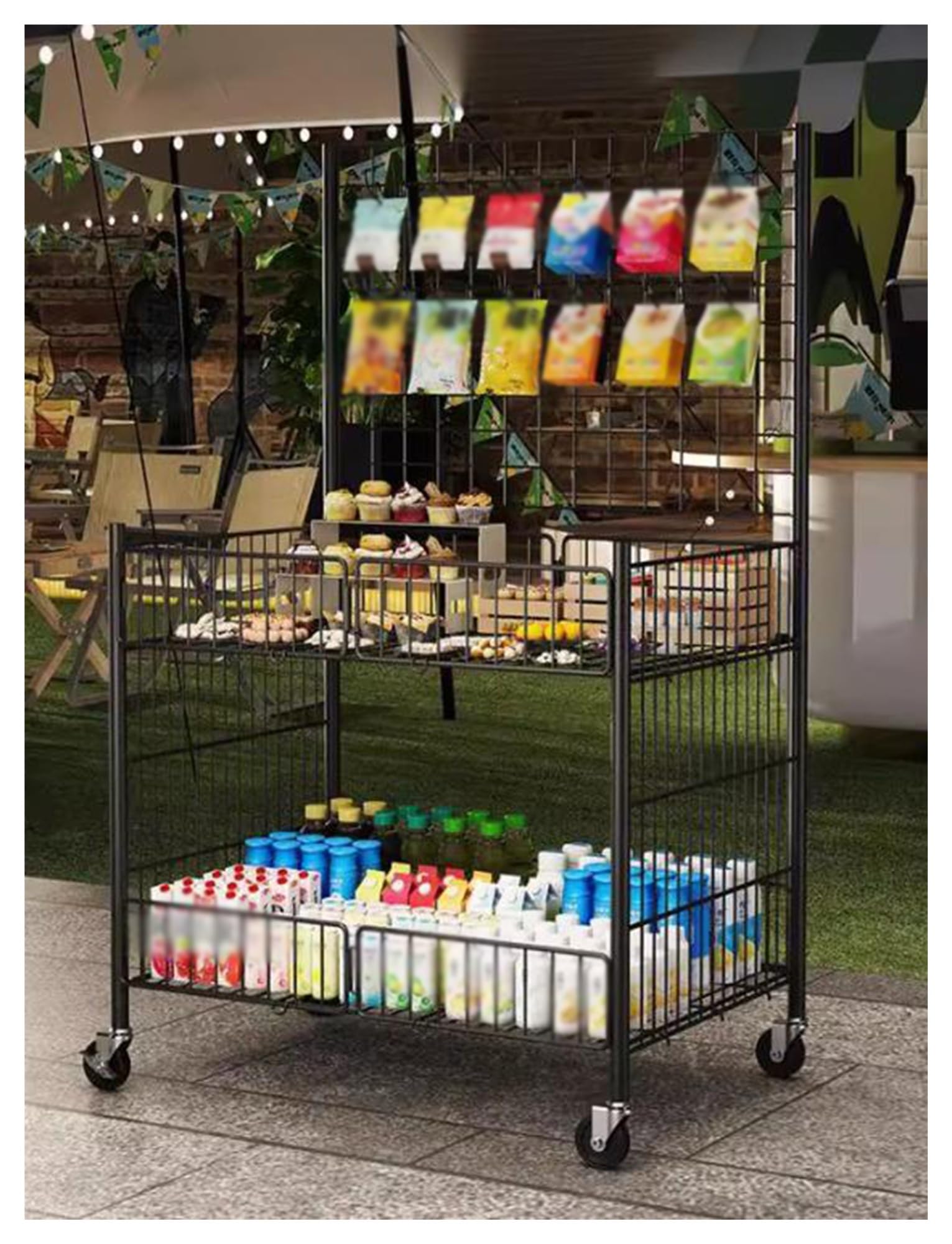 DFGHNBVC Collapsible Market Stall Display Stand With Wheels, 2-Tier Mesh Design For Street Food And Farmers Market,Black-65X55X130Cm