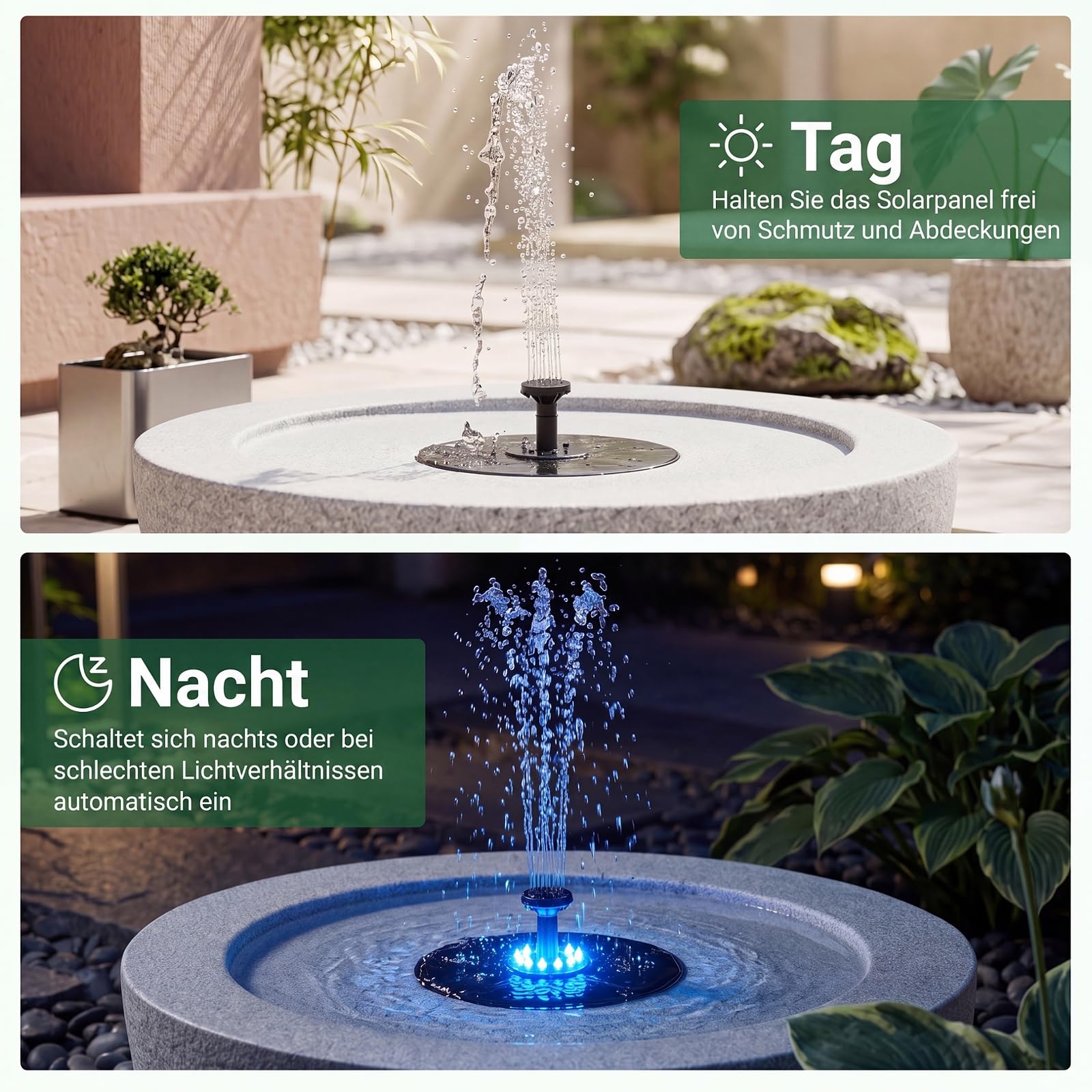 COSTWAY Solarbrunnen für draussen, Solar Springbrunnen mit LED Beleuchtung in 7 Lichtfarben & 4 Düsen, Gartenbrunnen Marmoroptik, Brunnen Solar Outdoor, für Garten Balkon Terrasse, 50,5 x 50,5 x 25 cm
