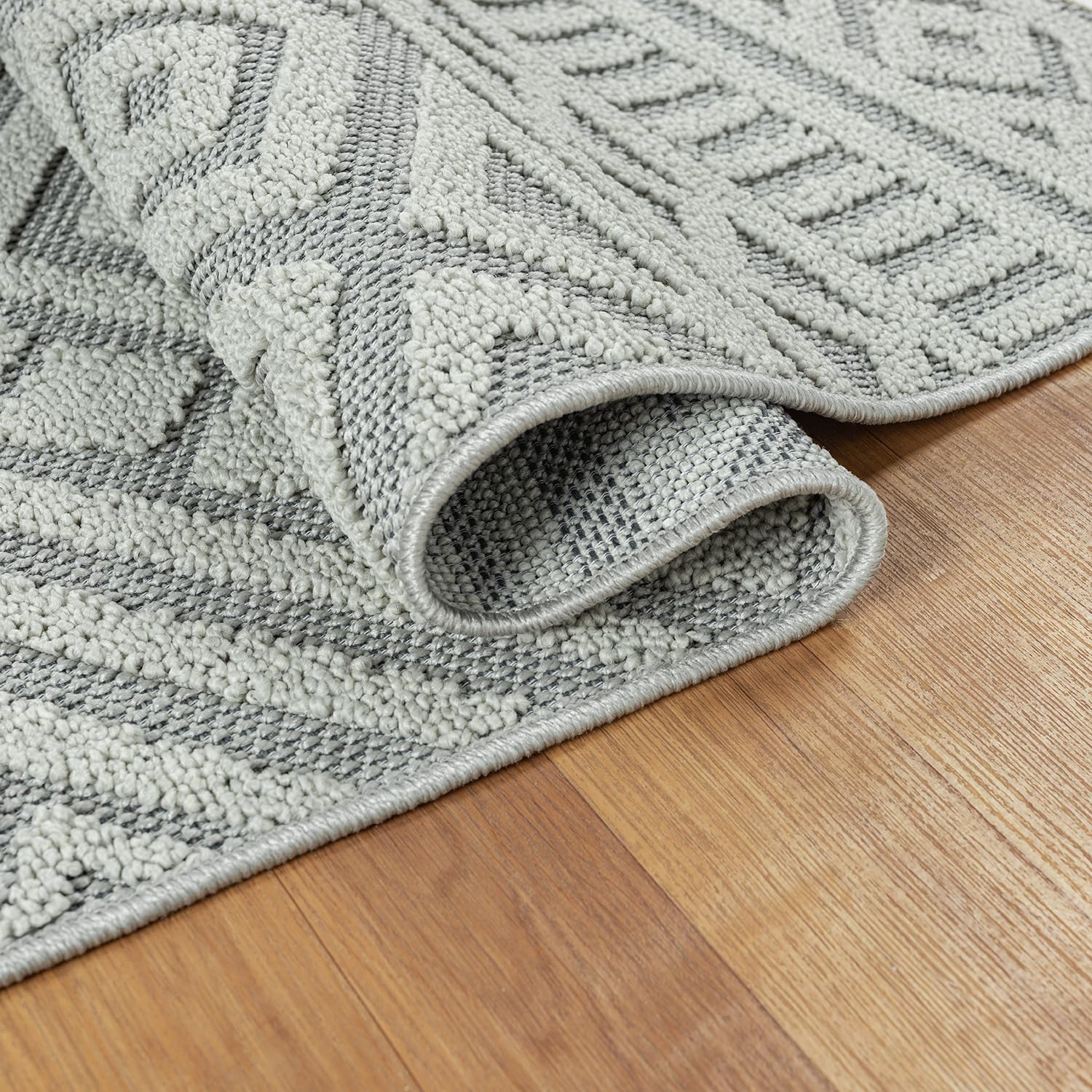 VIMODA Teppich Boho Wohnzimmer, Schlafzimmer, Fransen Skandinavisch, Waschbarer Teppich 3D, Farbe:Grau, Maße:120x170 cm