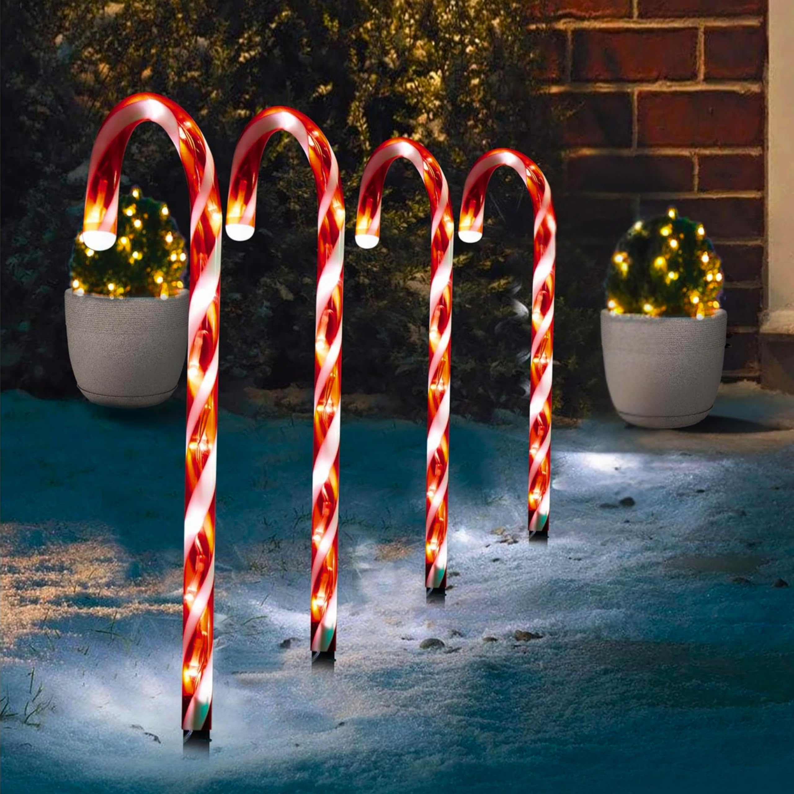 ADEPTNA Christmas Candy Cane LED Lights with Timer - Battery Powered Xmas Pathway & Driveway Decorations, Outdoor Holiday Garden & Patio Lights for Festive Decor (4 PK WARM WHITE)