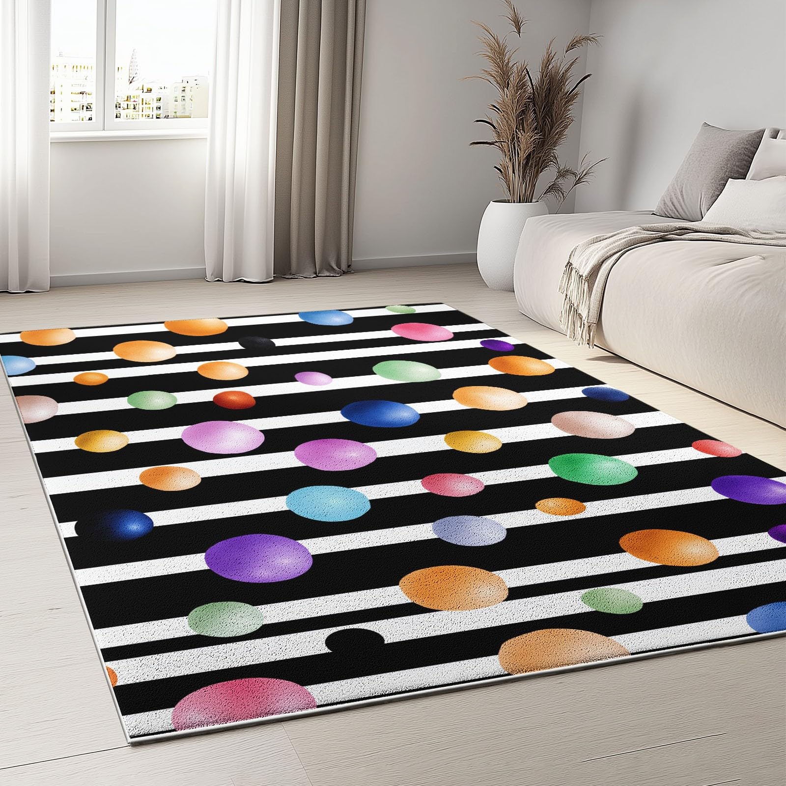 Genérico Dywaniki łazienkowe miękkie chłonne antypoślizgowe paski kulki koła sztuka dywan krótkie włosy można prać w pralce, 160 x 230 cm chłopcy i dziewczęta sypialnia kuchnia czarny