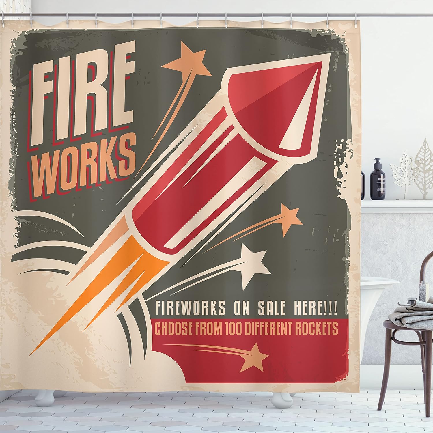 Ambesonne Vintage Shower Curtain, Retro Composition Vintage Paper with Stars Rockets Western Halloween Illustration, Cloth Fabric Bathroom Decor Set with Hooks, 69" W x 75" L, Grey Red