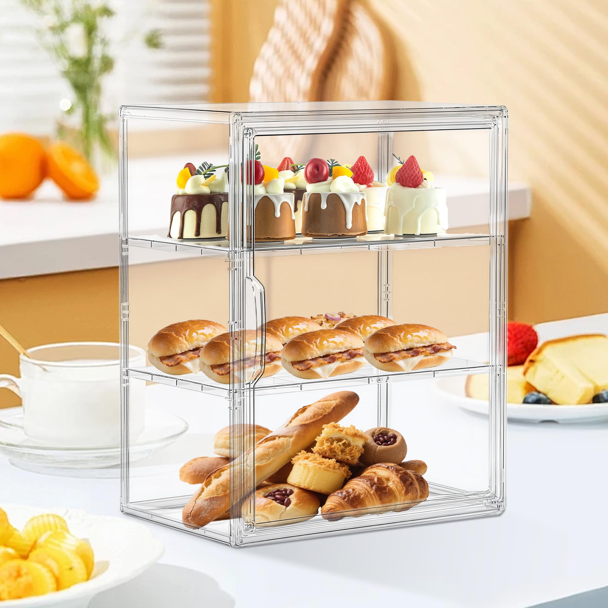 Panera transparente para encimera de cocina, vitrina de pastelería, 3 capas ajustables para almacenamiento de pan con puerta magnética, exhibición de pastelería (grande, 2 piezas)