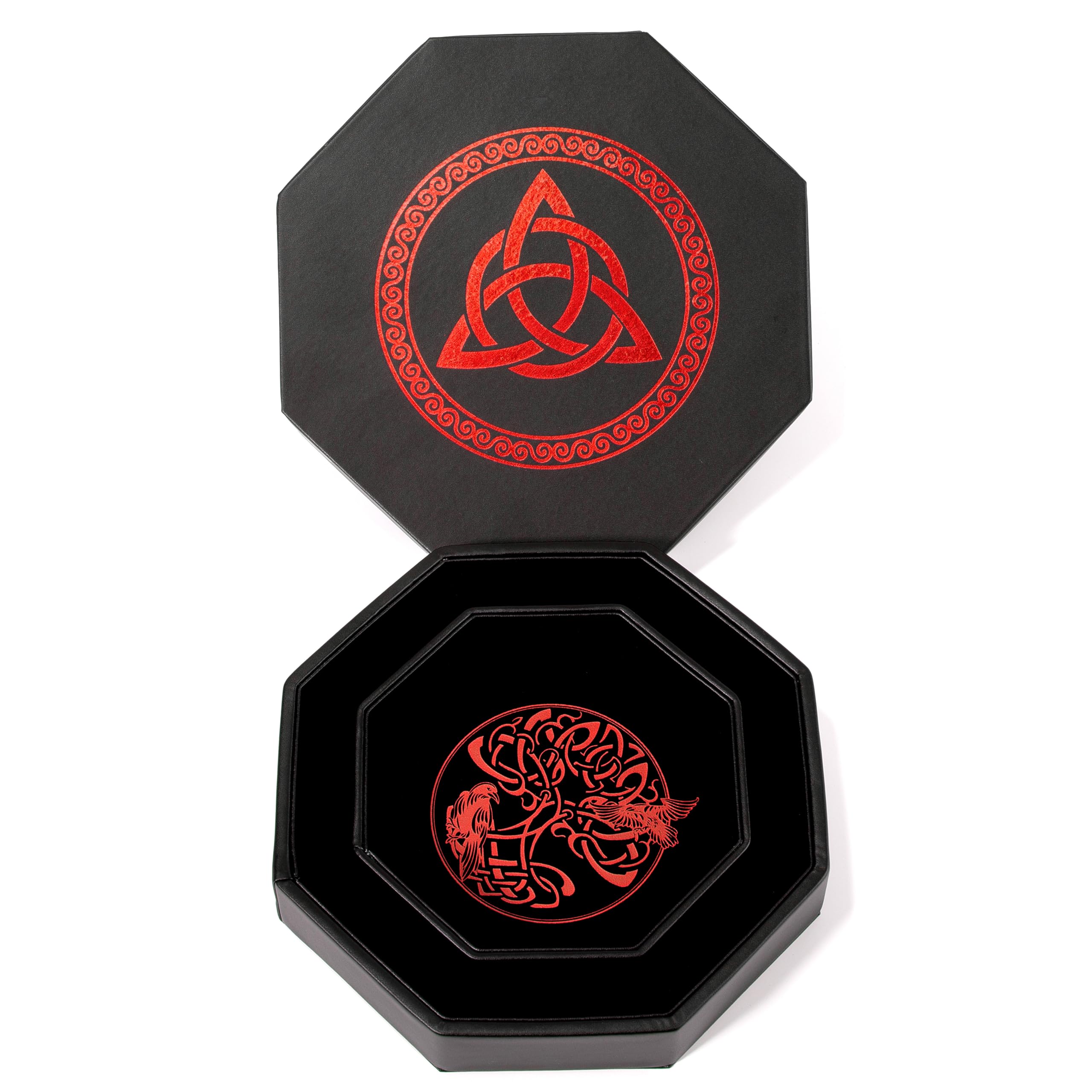 DND - Bandeja de dados de 8 pulgadas, diseño de mazmorras y dragones de alta calidad, diseño exquisitamente detallado de árbol del mundo rojo y triquetra, perfecto para enrollar y almacenar tus dados