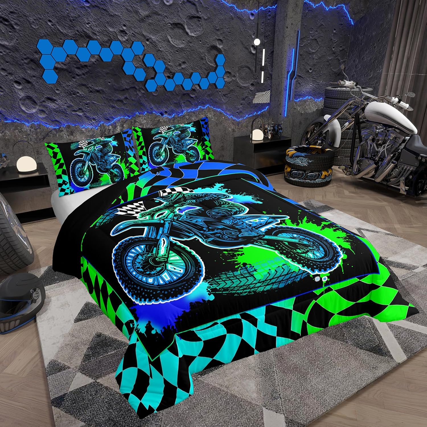 Feelyou Kids Boys Dirt Bike Comforter Set,Extreme Sports Motocross Bedding Set Twin Size,Boys Girls Bedroom Room Decor,Motocross Rider Comforter,Motorcycle Bed Set - Image 2